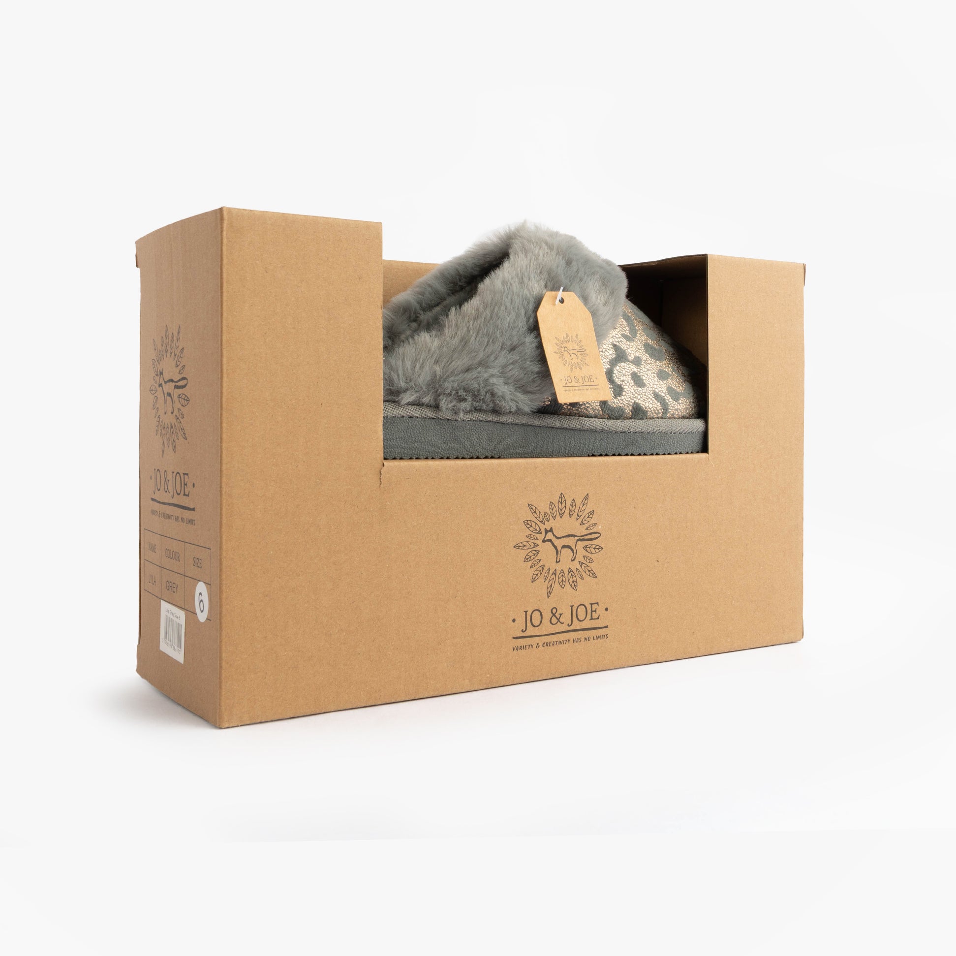 Jo & Joe LYLA Womens Mule Slippers Grey in gift box, showing stylish packaging and slippers inside.