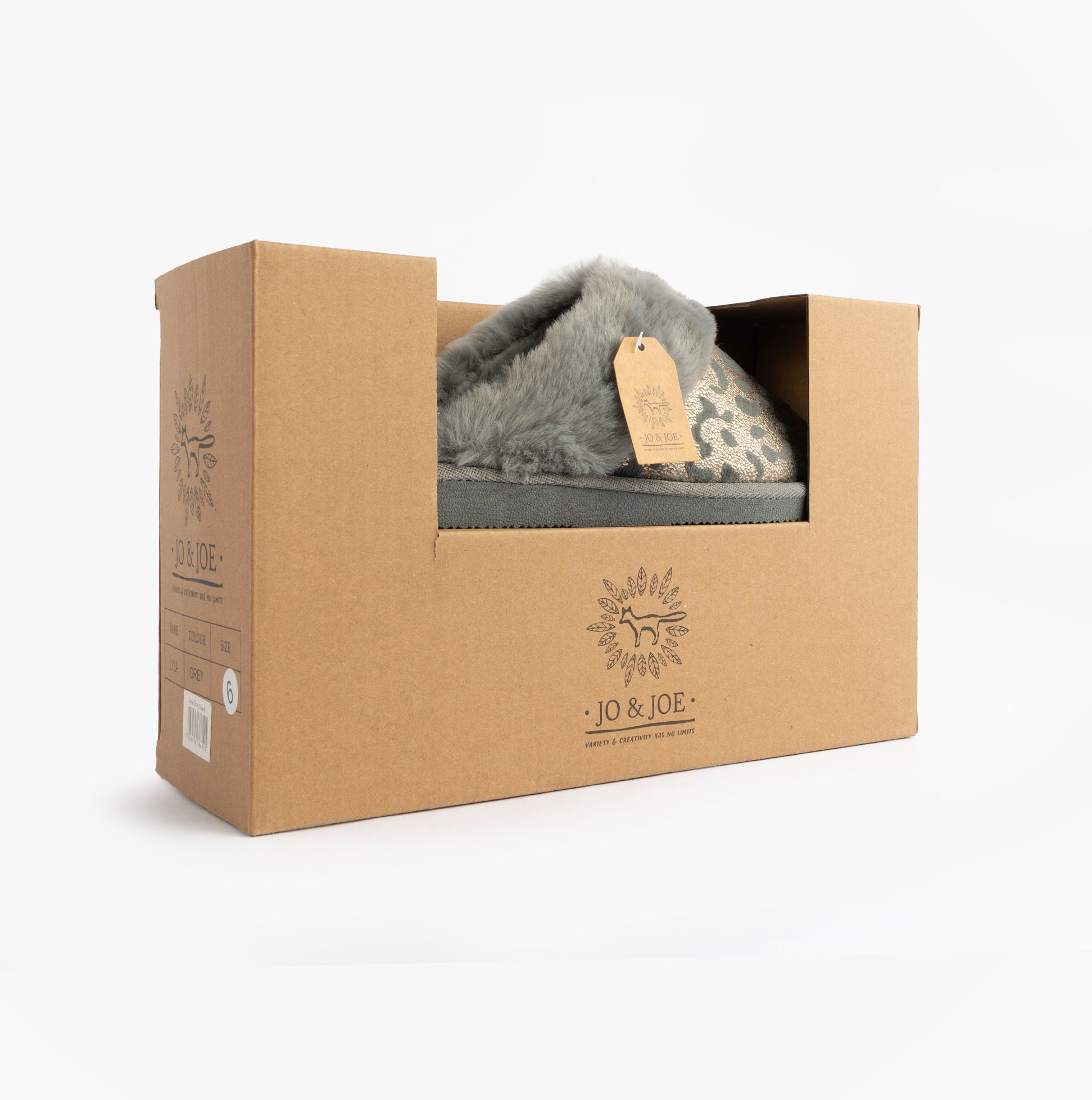 Jo & Joe LYLA Womens Mule Slippers Grey in gift box, showing stylish packaging and slippers inside.