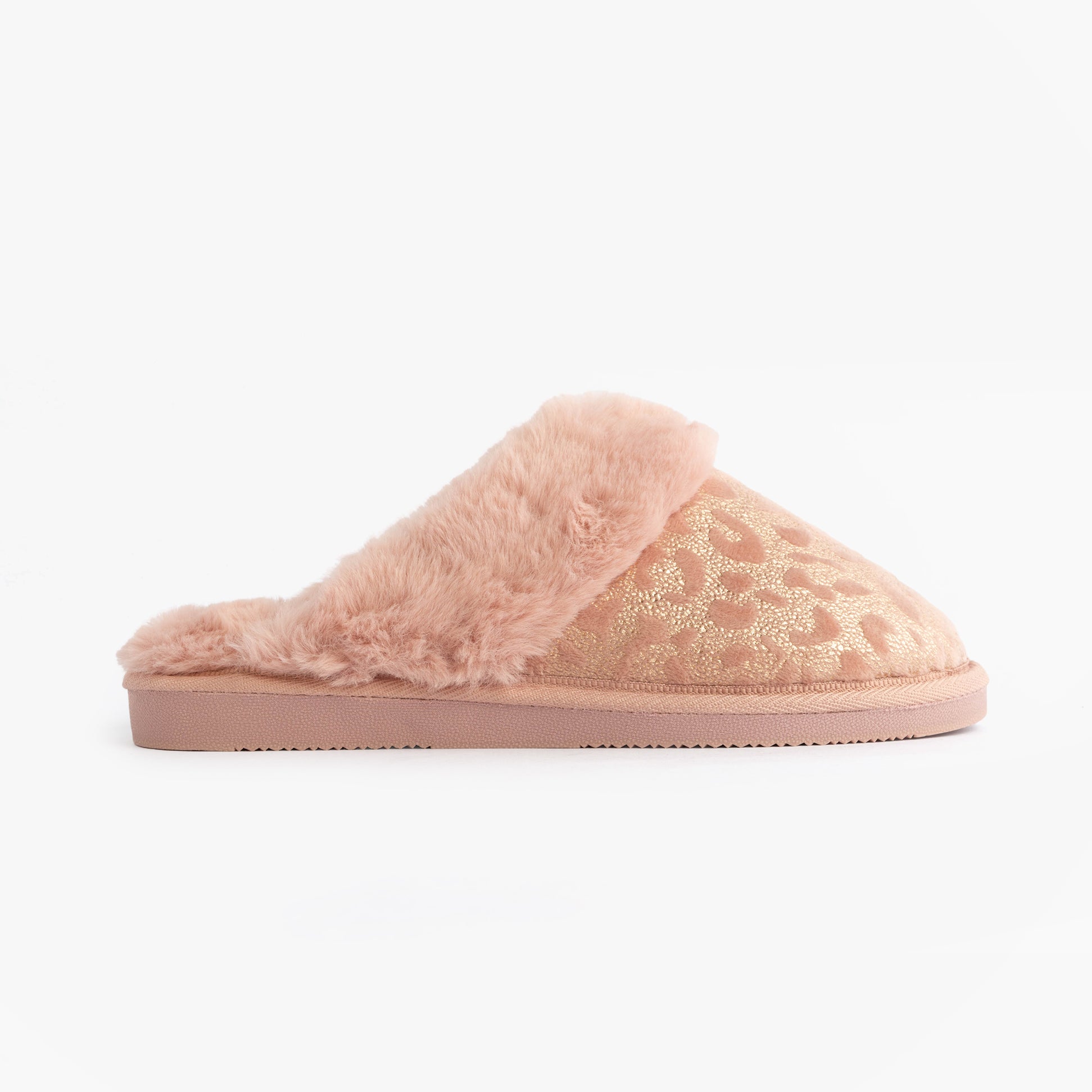 Jo & Joe LYLA Womens Mule Slippers Pink side view showcasing soft pink textile upper and plush lining.