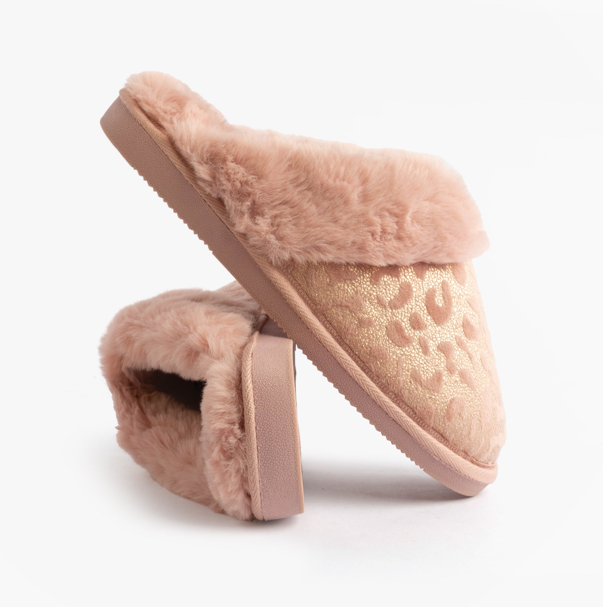 Jo & Joe LYLA Womens Mule Slippers Pink side view, showcasing soft fur lining and textured upper, elegant and cozy footwear.