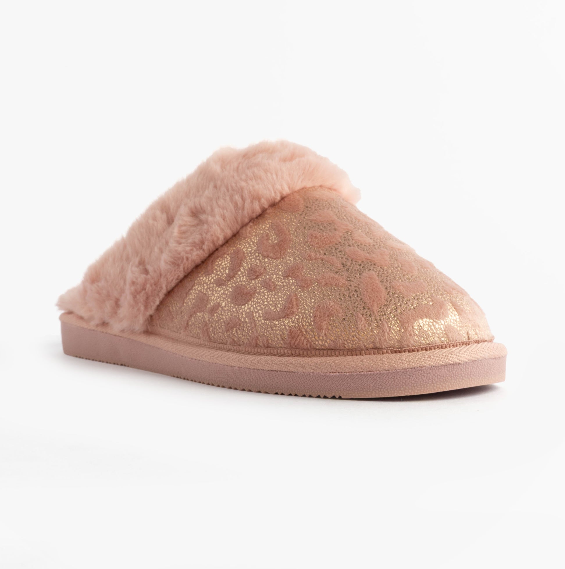 Jo & Joe LYLA Womens Mule Slippers Pink side view showing plush lining and golden textile upper.