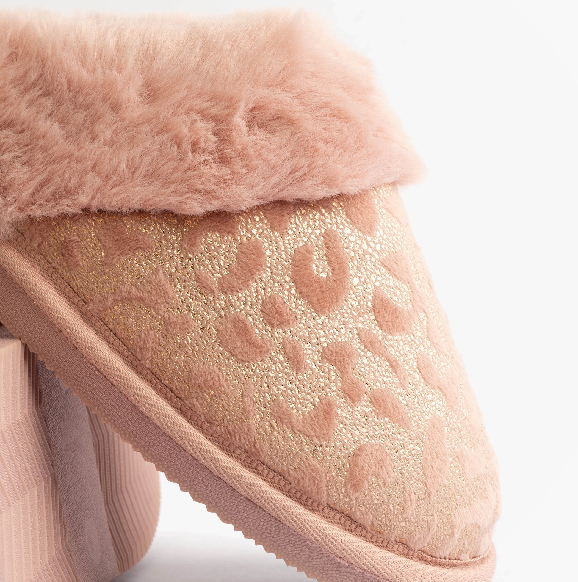 Jo & Joe LYLA Womens Mule Slippers Pink side view featuring soft pink upper with faux fur trim and leopard print details.