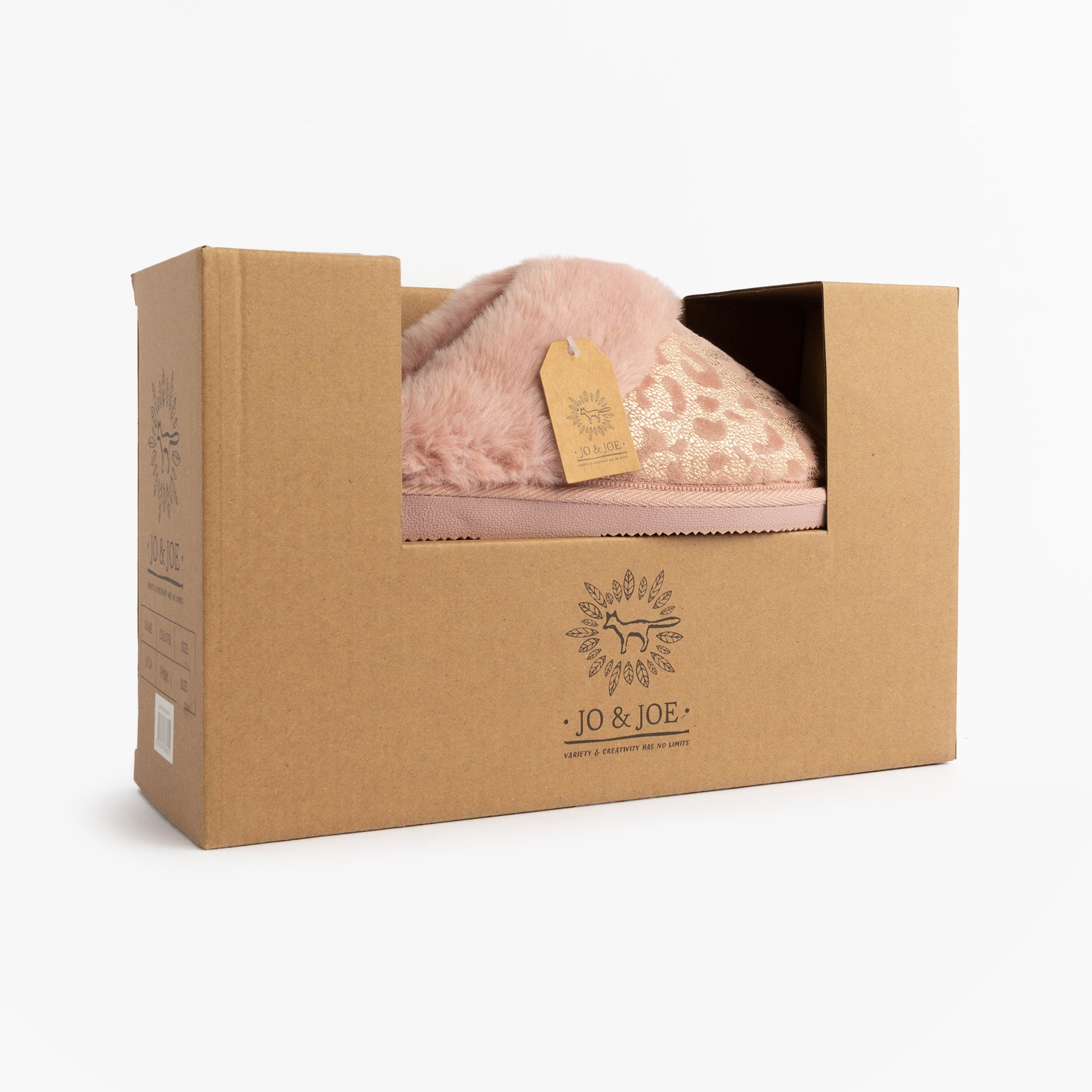 Jo & Joe LYLA Womens Mule Slippers Pink in gift box showing front view with soft lining and brand tag.