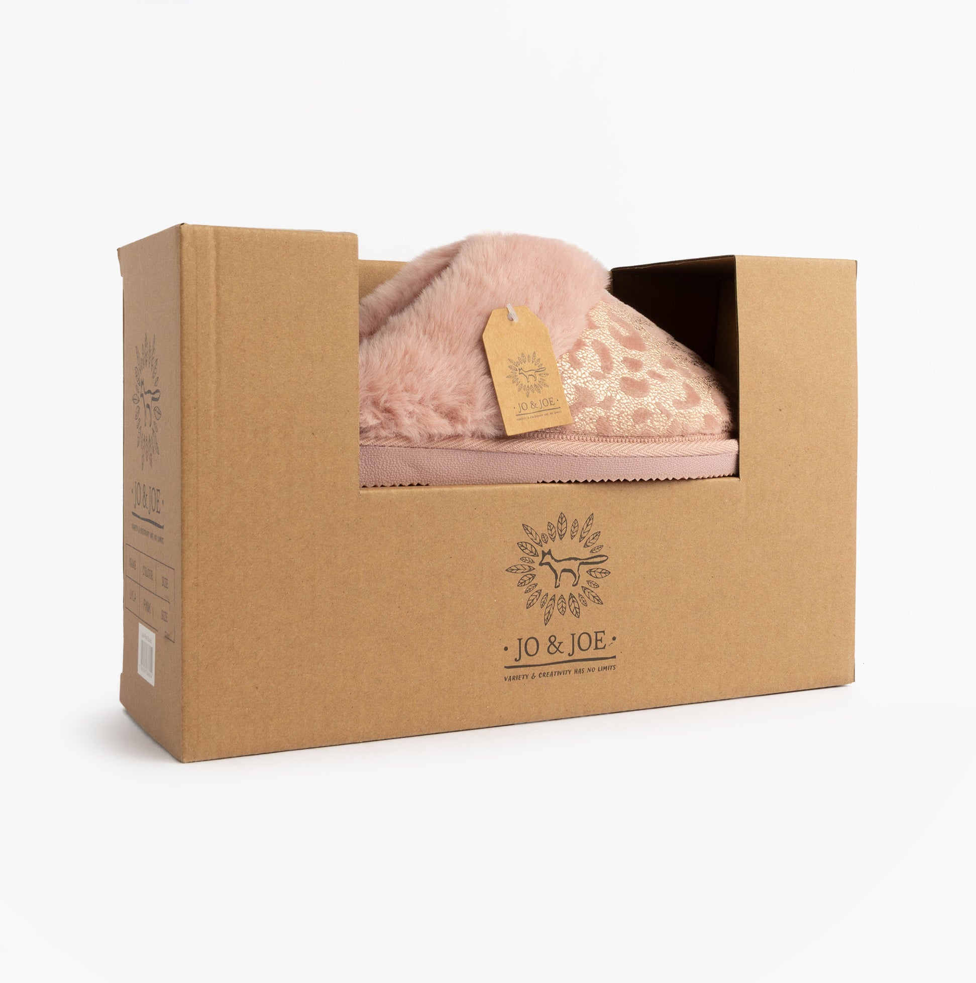 Jo & Joe LYLA Womens Mule Slippers Pink in gift box showing front view with soft lining and brand tag.