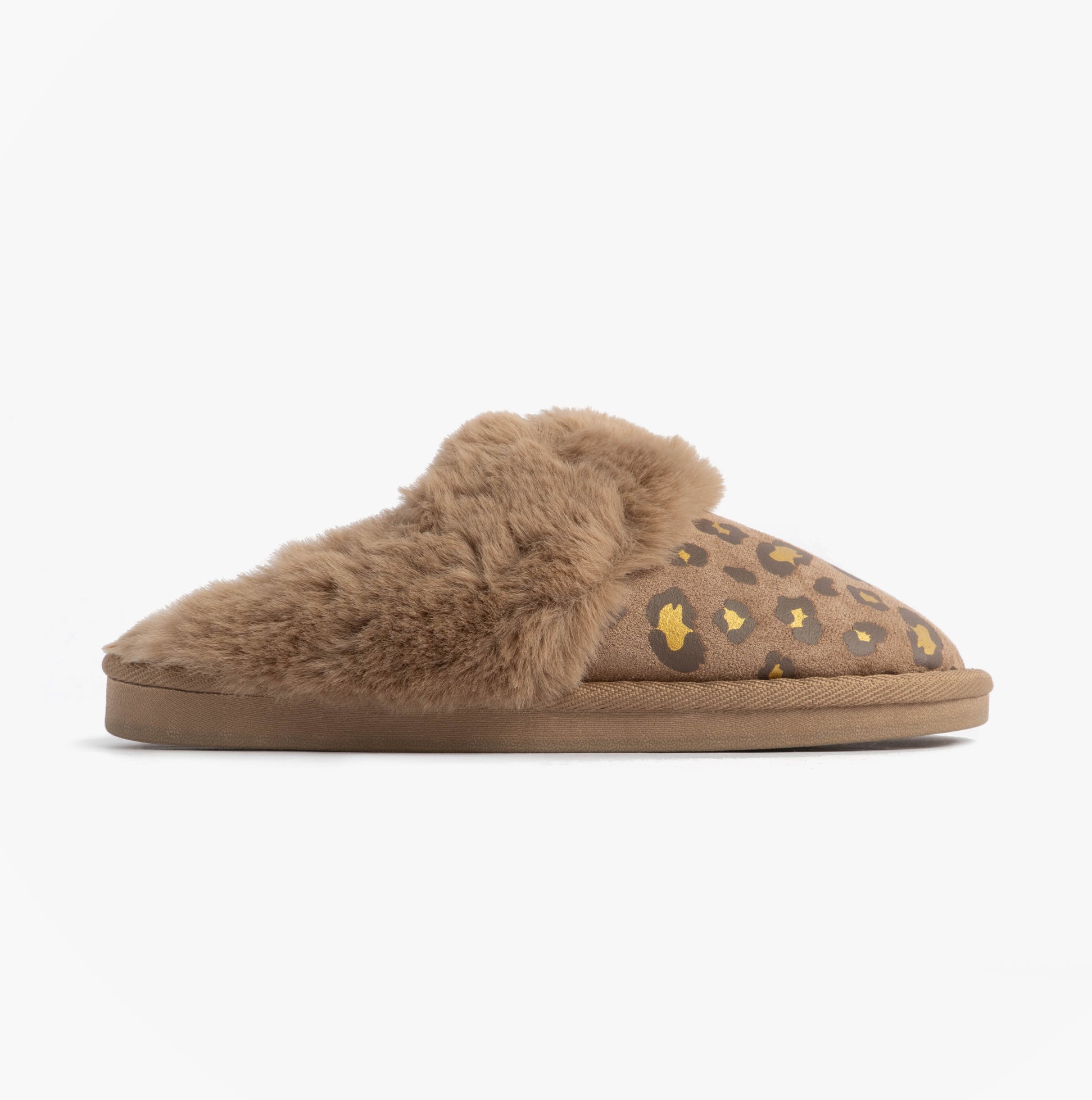 Jo & Joe MILA Womens Mule Slippers Chestnut Leopard side view with plush lining and leopard print design.