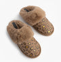 Jo & Joe MILA Womens Mule Slippers Chestnut Leopard top view showcasing leopard print and plush lining.