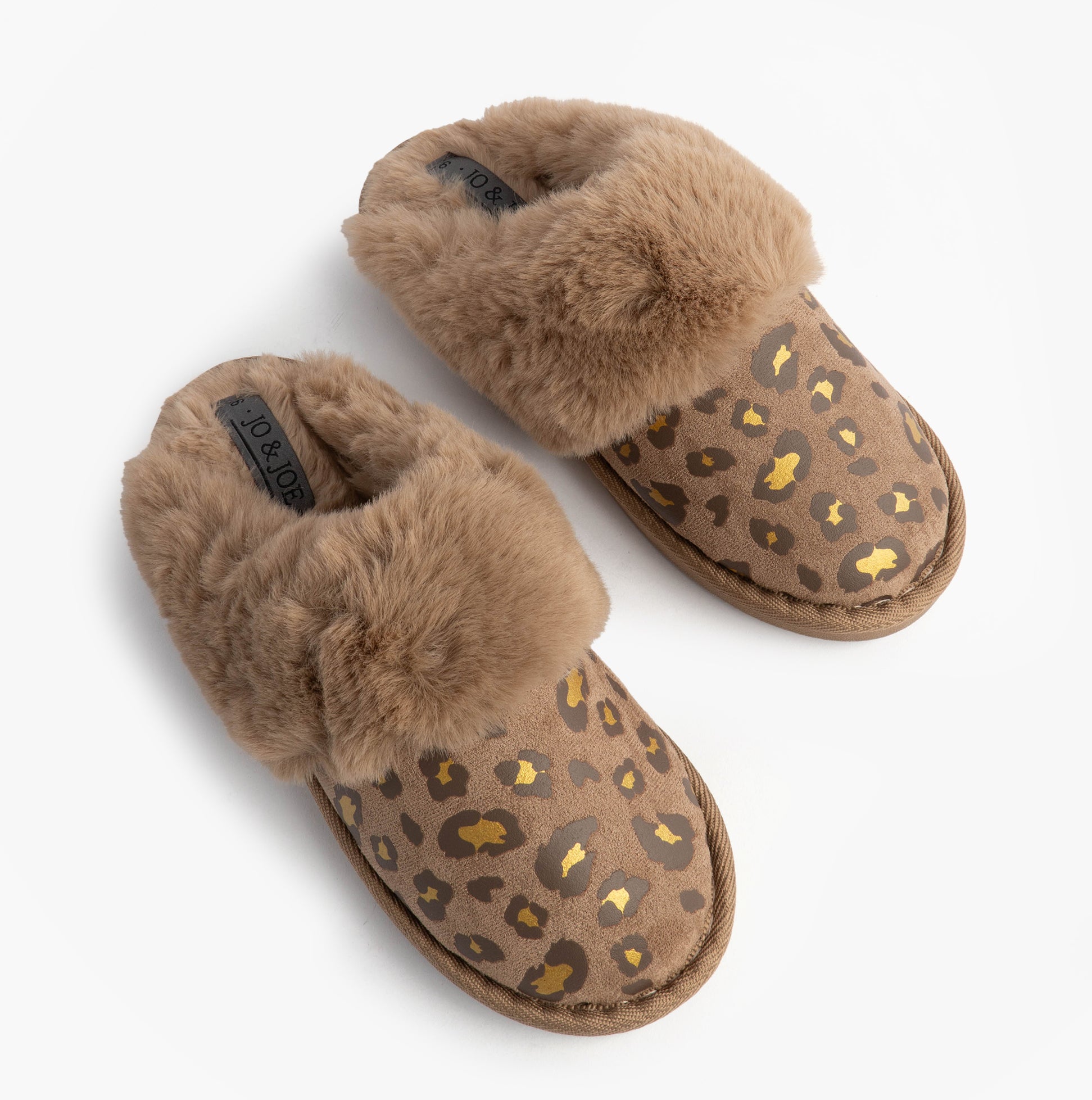Jo & Joe MILA Womens Mule Slippers Chestnut Leopard top view showcasing leopard print and plush lining.