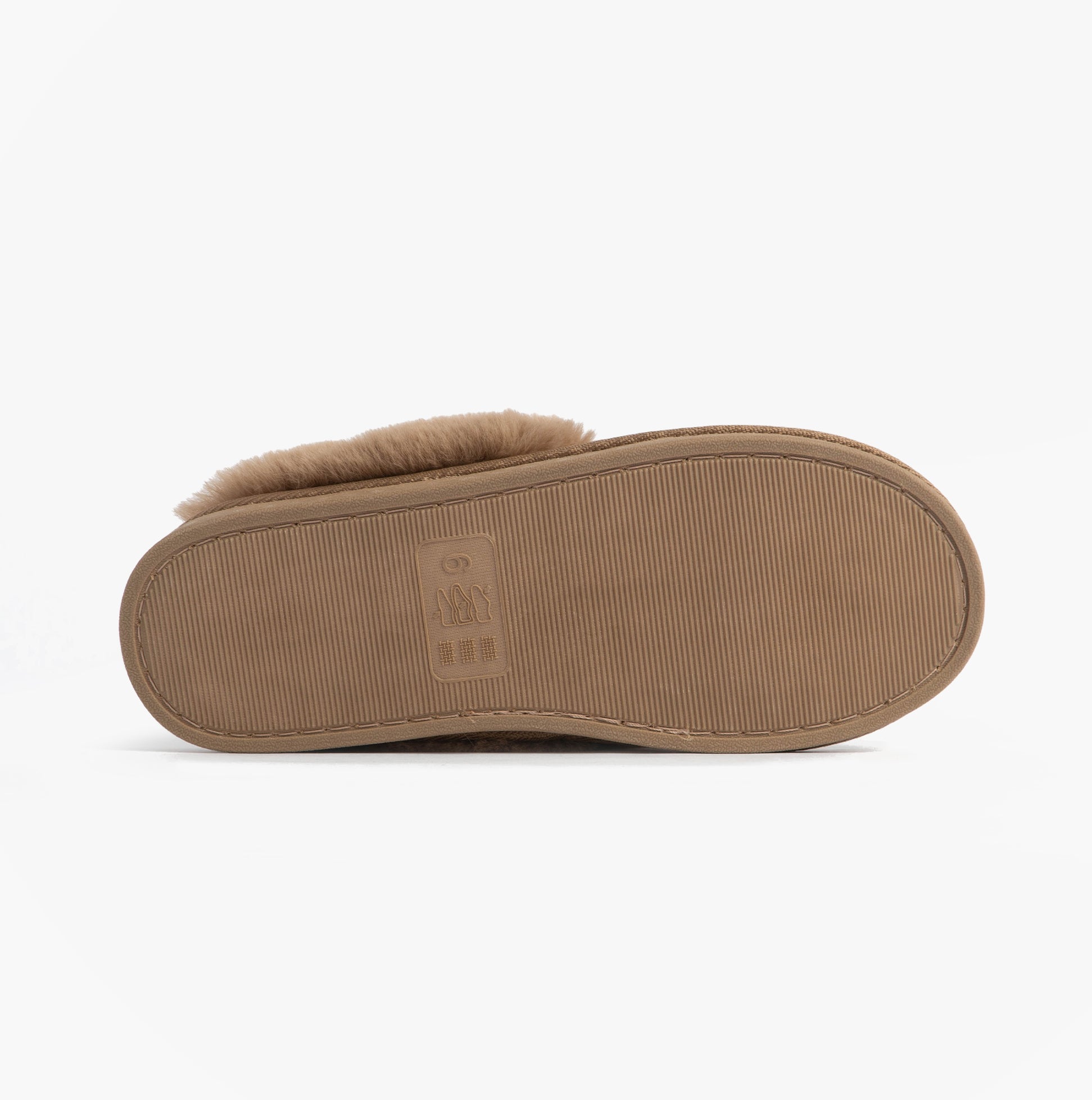 Jo & Joe MILA Womens Mule Slippers Chestnut Leopard bottom view showing rubber sole with textured pattern.