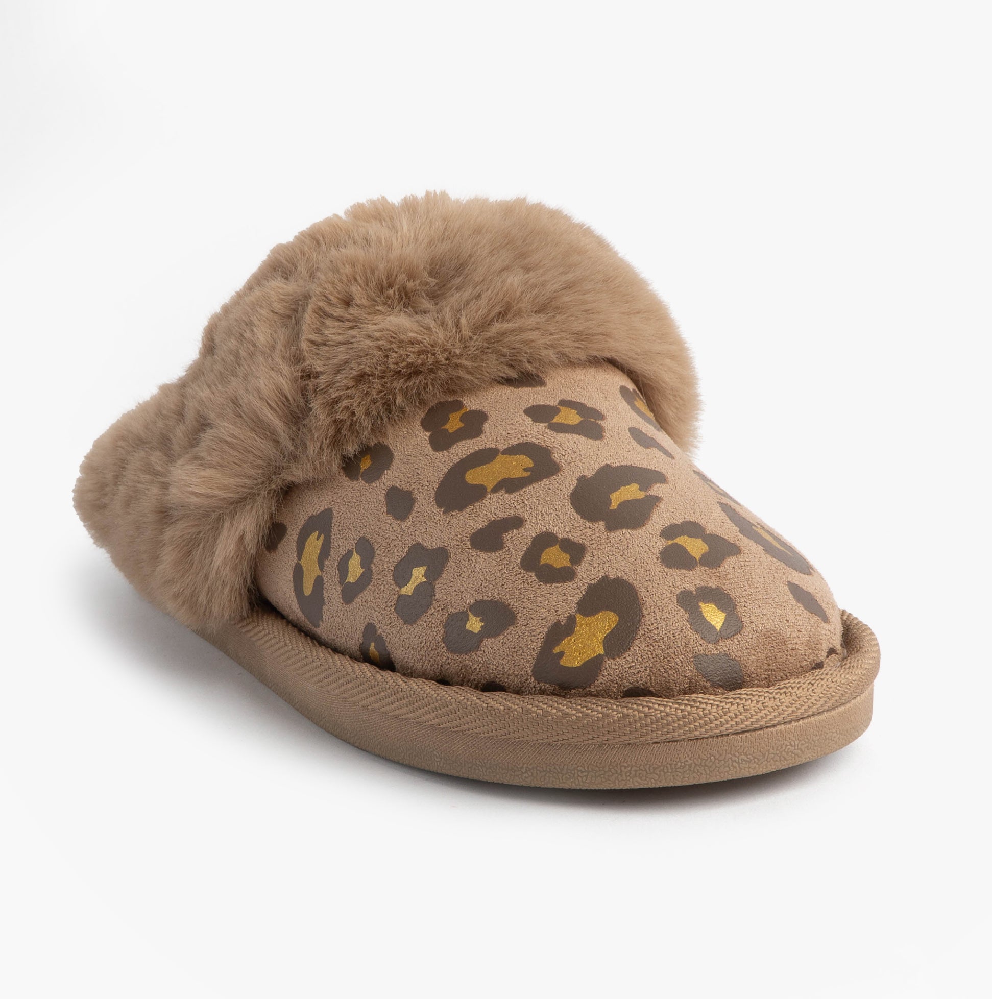 Jo & Joe MILA Womens Mule Slippers Chestnut Leopard side view with plush lining and leopard print design