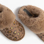 Jo & Joe MILA Womens Mule Slippers Chestnut Leopard top view showing plush lining and leopard print.