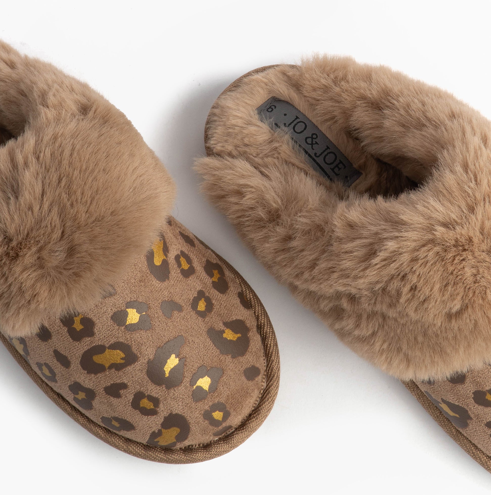 Jo & Joe MILA Womens Mule Slippers Chestnut Leopard top view showing plush lining and leopard print.