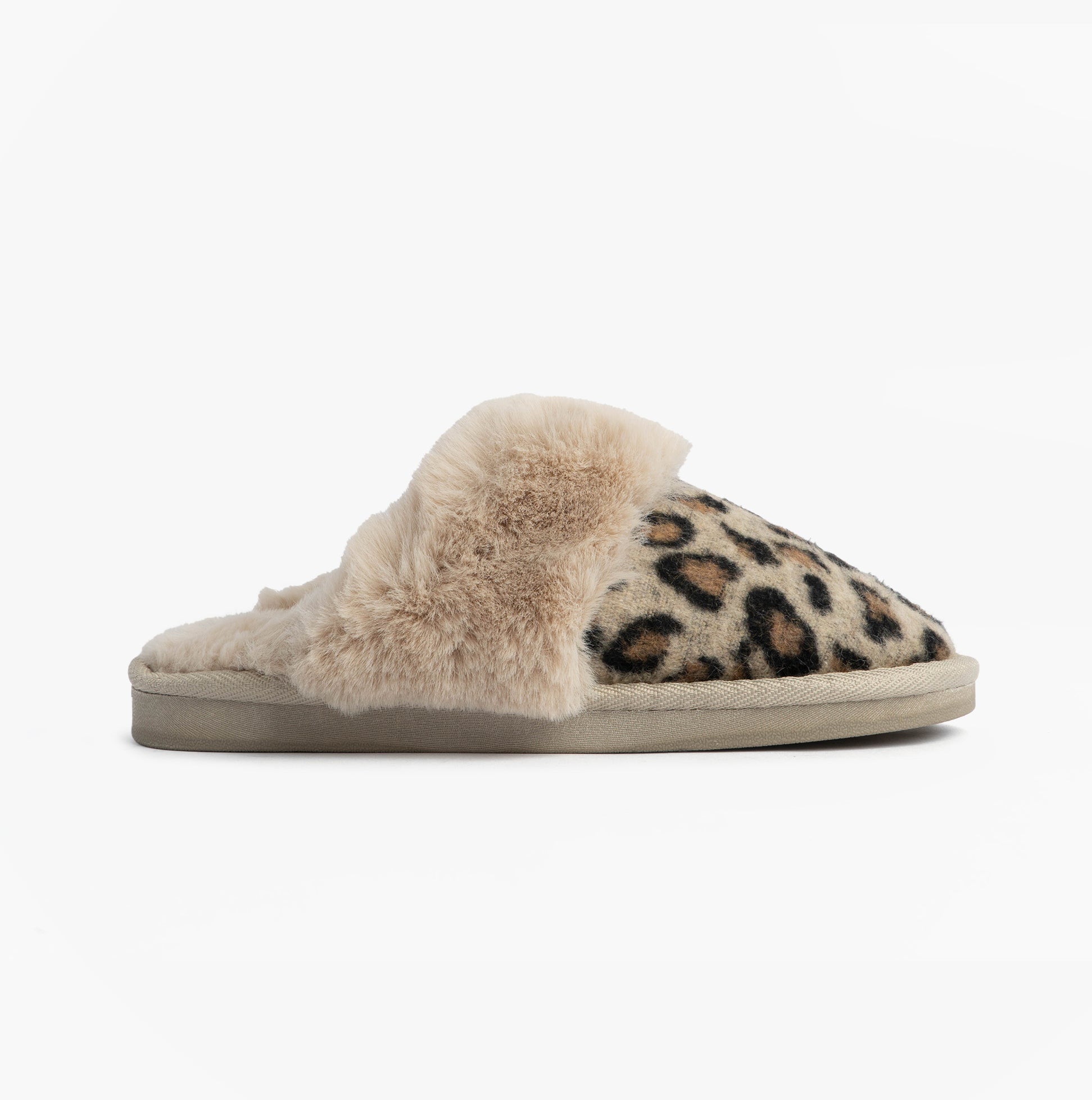 Jo & Joe NALA Womens Mule Slippers Leopard side view showing slip-on design and soft leopard print textile.