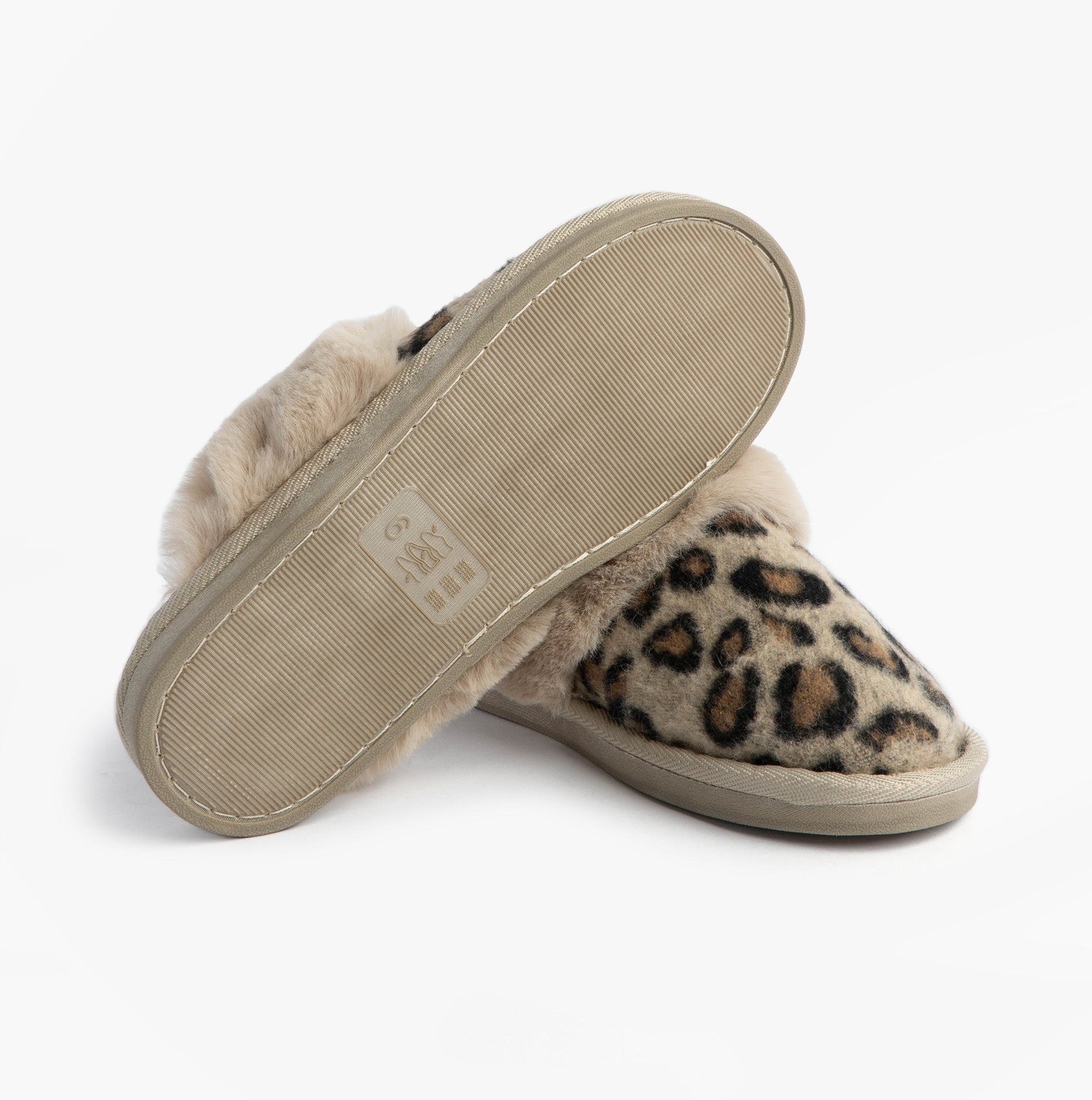 Jo & Joe NALA Womens Mule Slippers Leopard showing underside view with a rubber sole and leopard print upper.