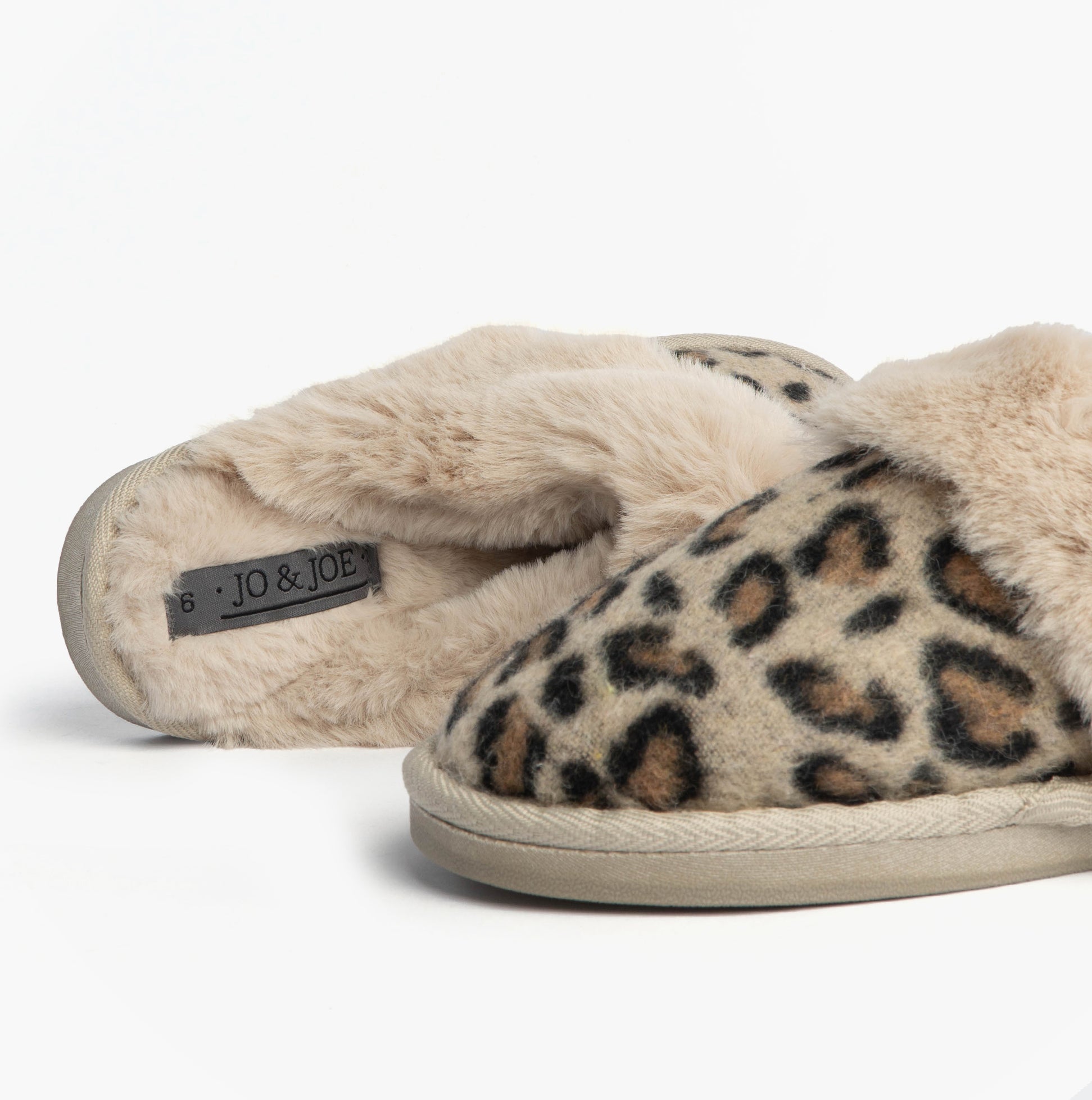 Jo & Joe NALA Womens Mule Slippers Leopard side view showcasing leopard print and soft lining.