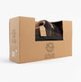 Jo & Joe NIDDERDALE Mens Mule Slippers Brown in gift box, side view showcasing slippers and packaging.