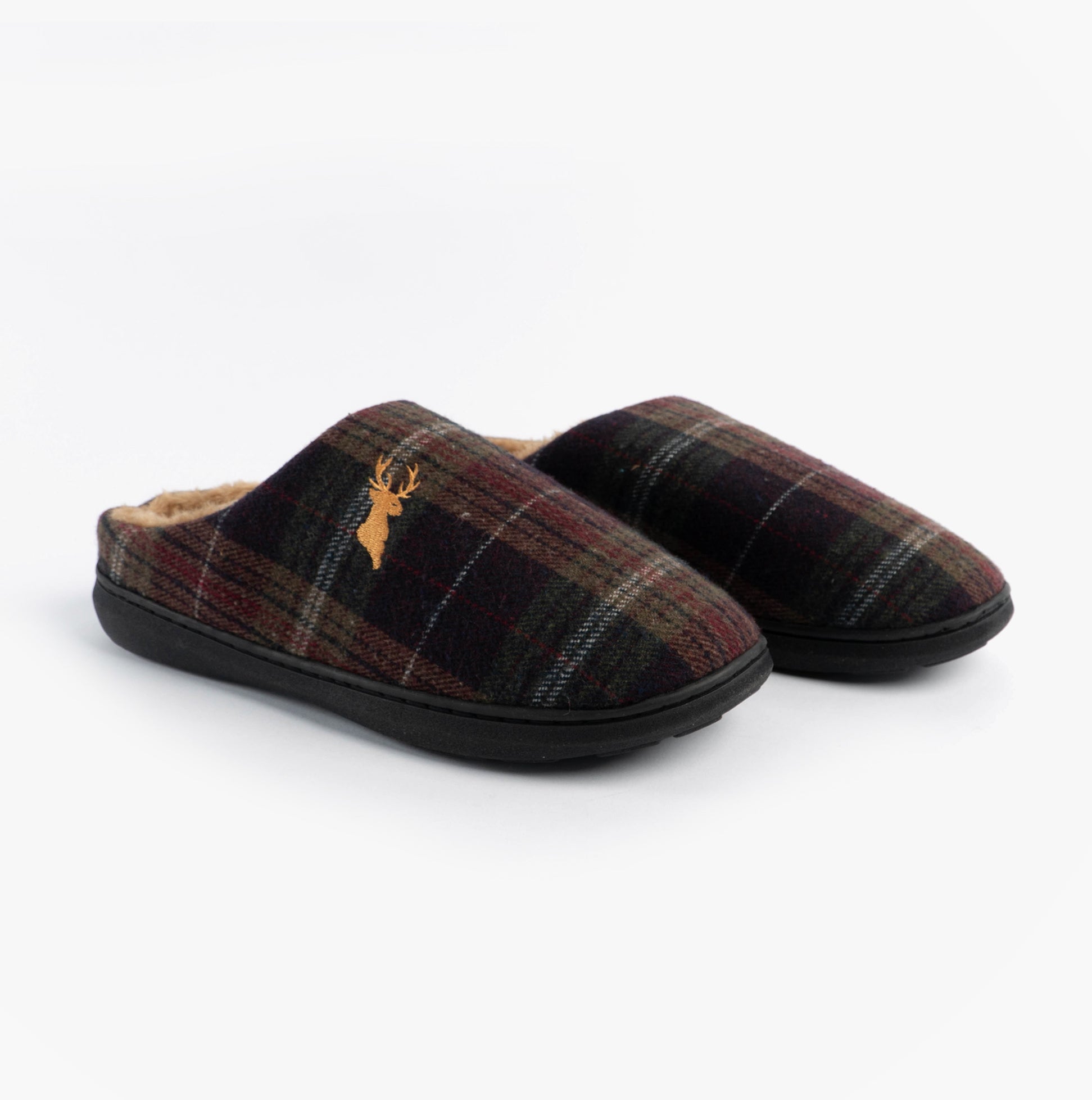 Jo & Joe NIDDERDALE Mens Mule Slippers Brown side view showing plaid design and warm lining.