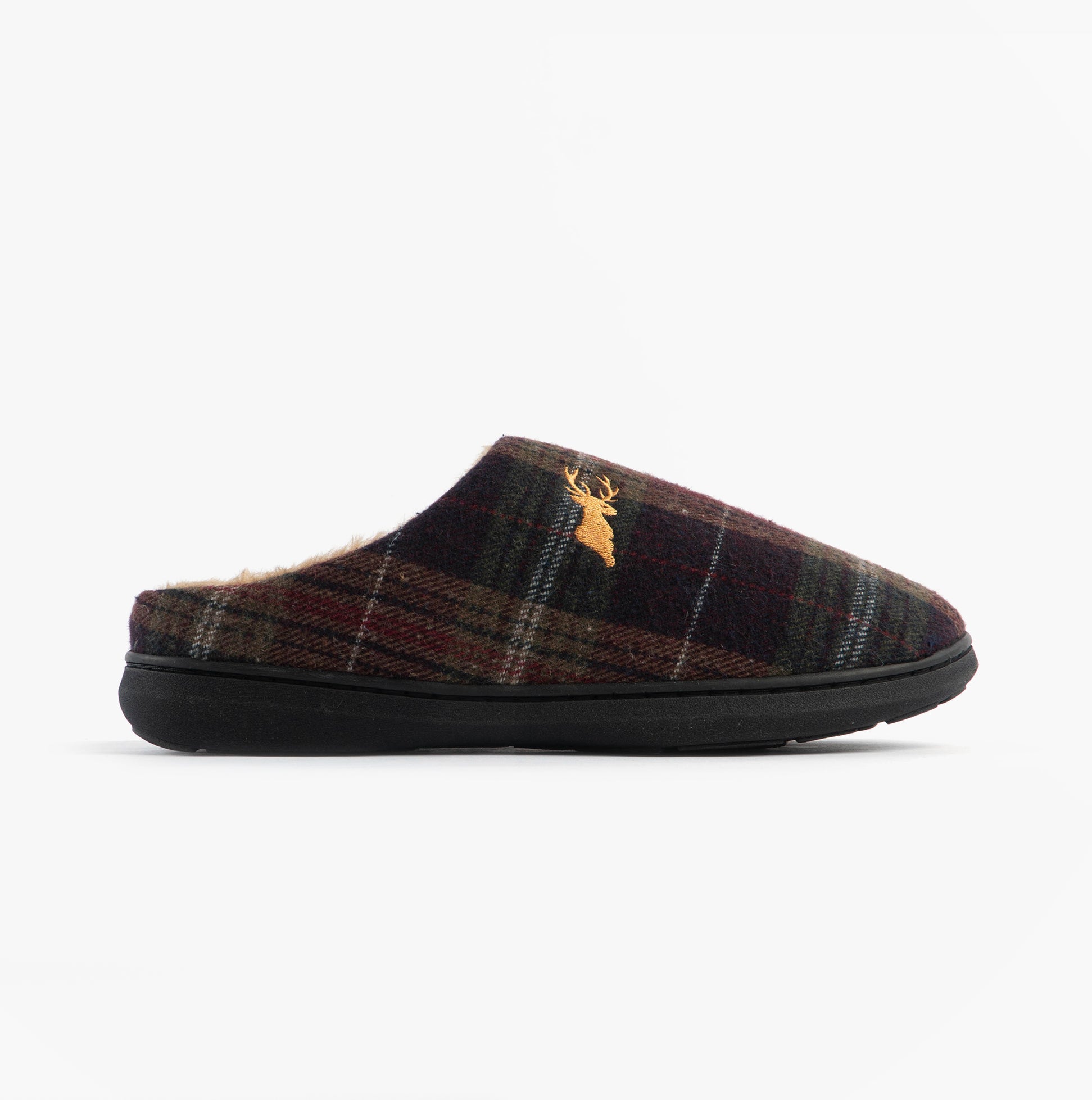 Jo & Joe NIDDERDALE Mens Mule Slippers Brown side view with wool upper and rubber sole.