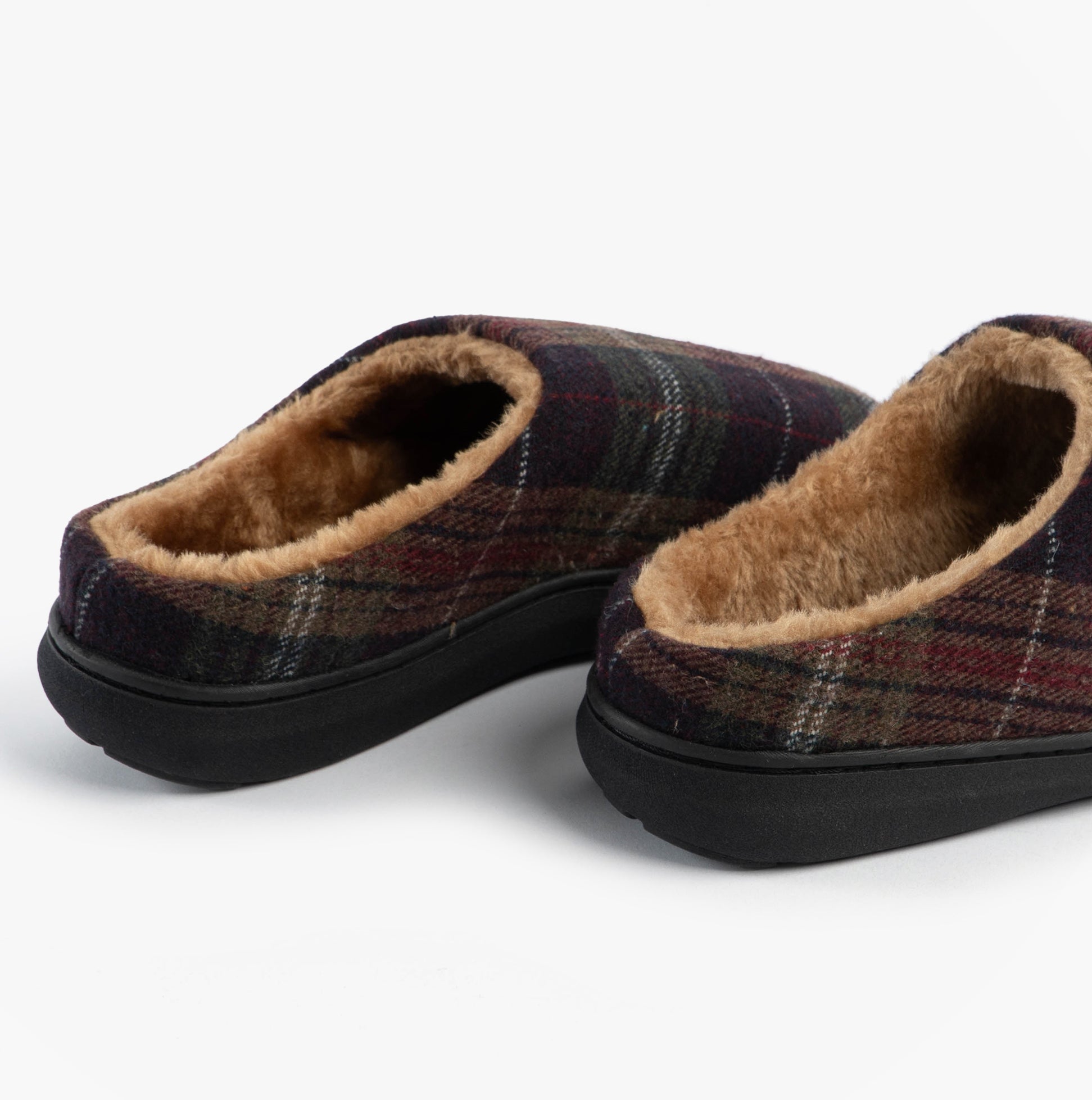 Jo & Joe NIDDERDALE Mens Mule Slippers Brown rear view showcasing soft textile lining and rubber sole.