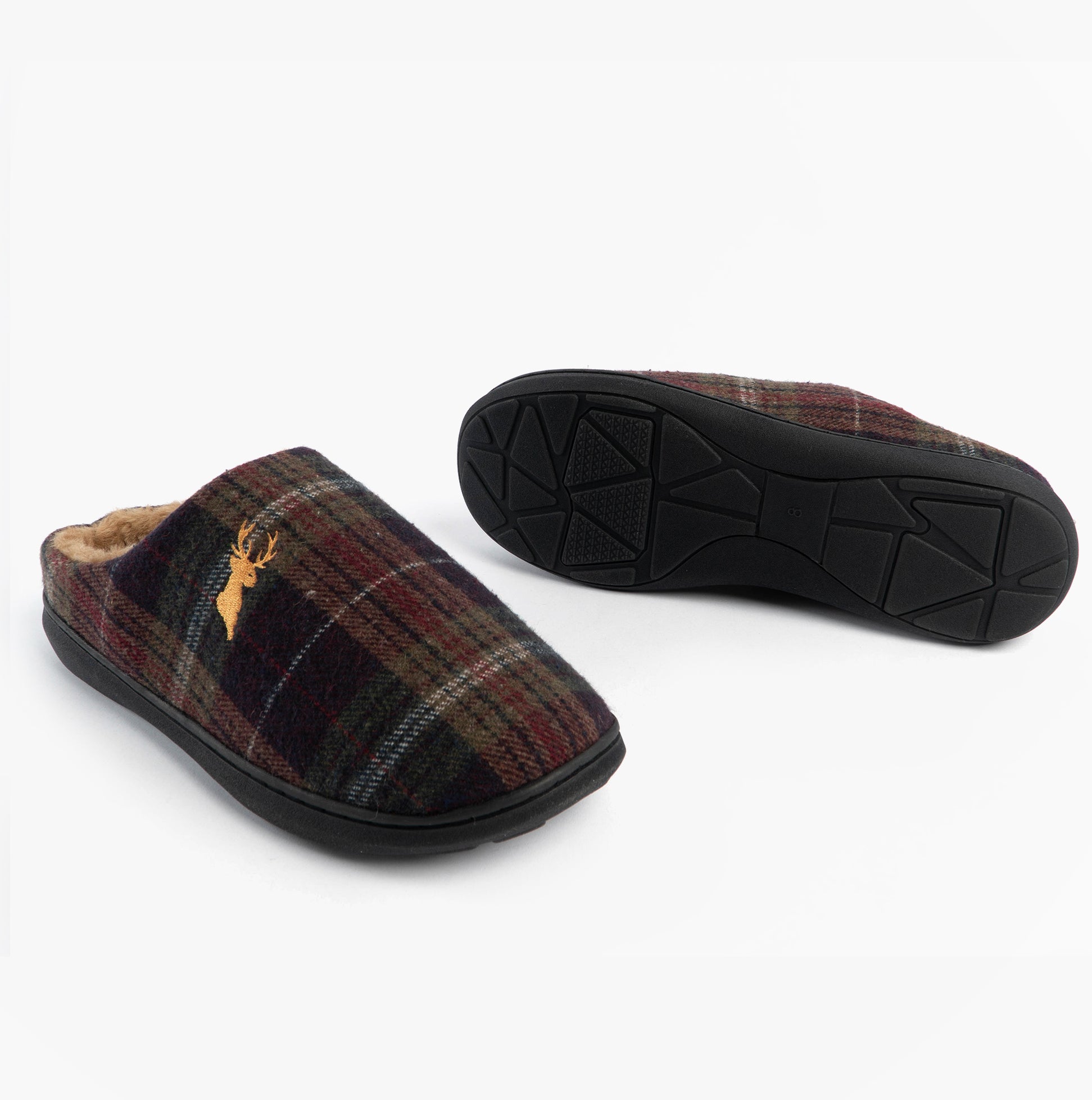 Jo & Joe NIDDERDALE Mens Mule Slippers Brown side view with rubber sole and warm lining, stylish plaid design.