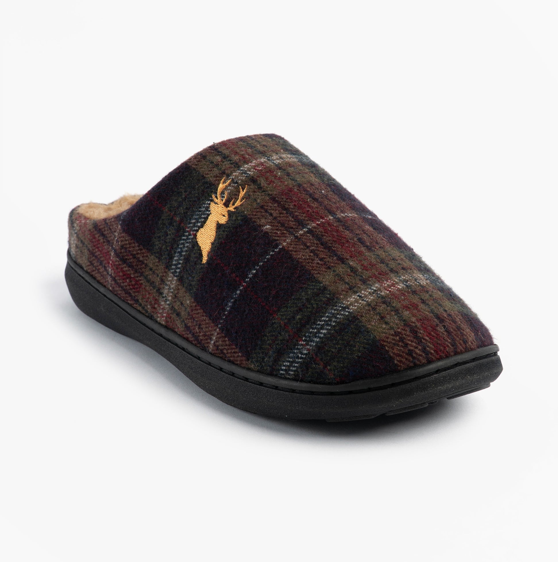 Jo & Joe NIDDERDALE Mens Mule Slippers Brown side view in plaid design with slip-on style and rubber sole.