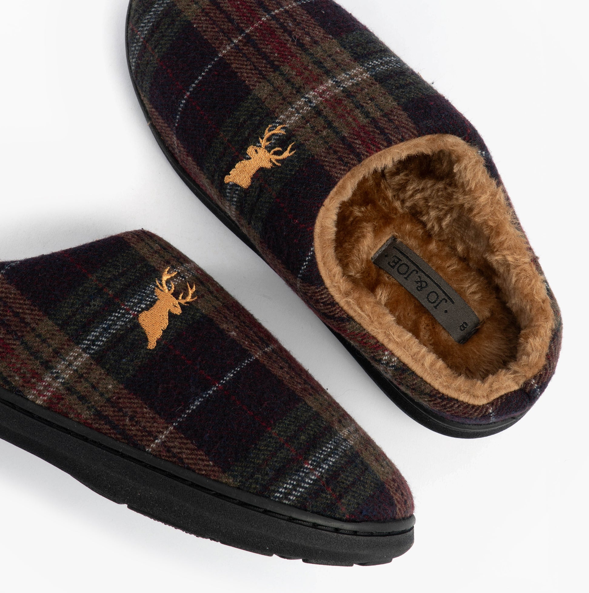 Jo & Joe NIDDERDALE Mens Mule Slippers Brown top view showcasing textile upper and warm lining features.