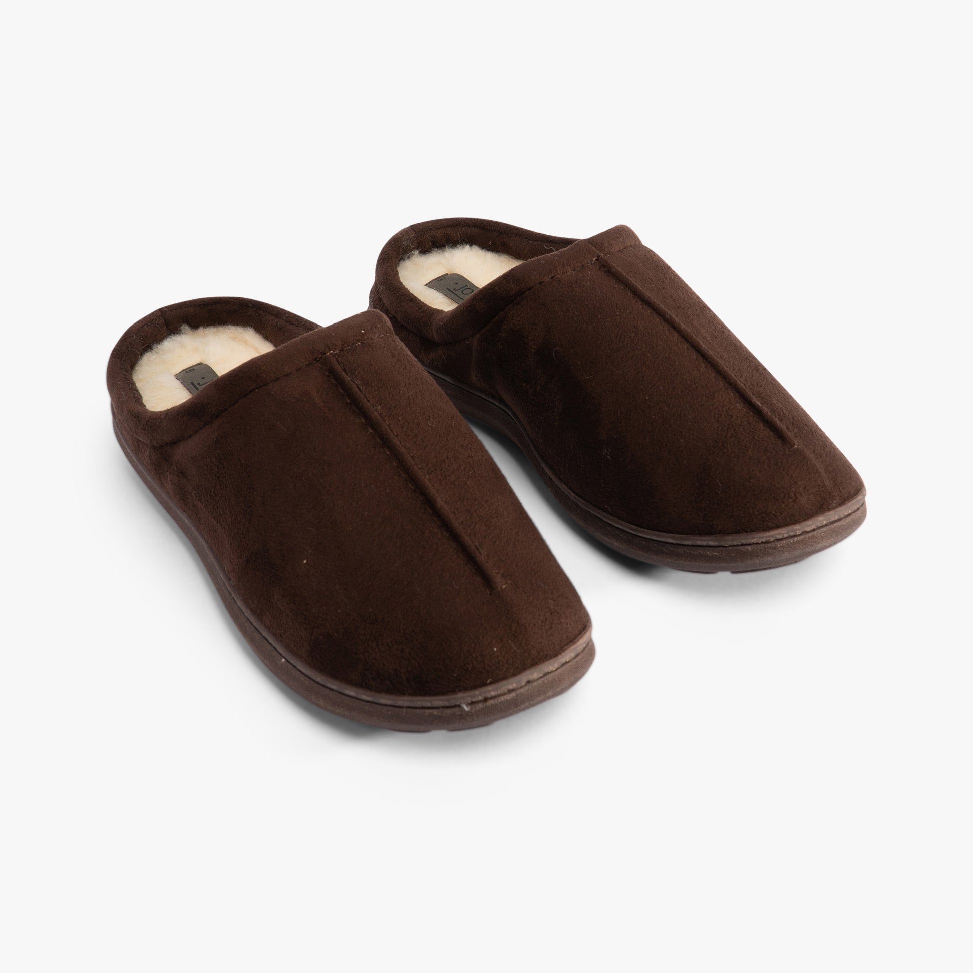 Jo & Joe OAKLEY Mens Slippers Brown side view showing soft textile upper and faux fur lining in a comfortable mule style.
