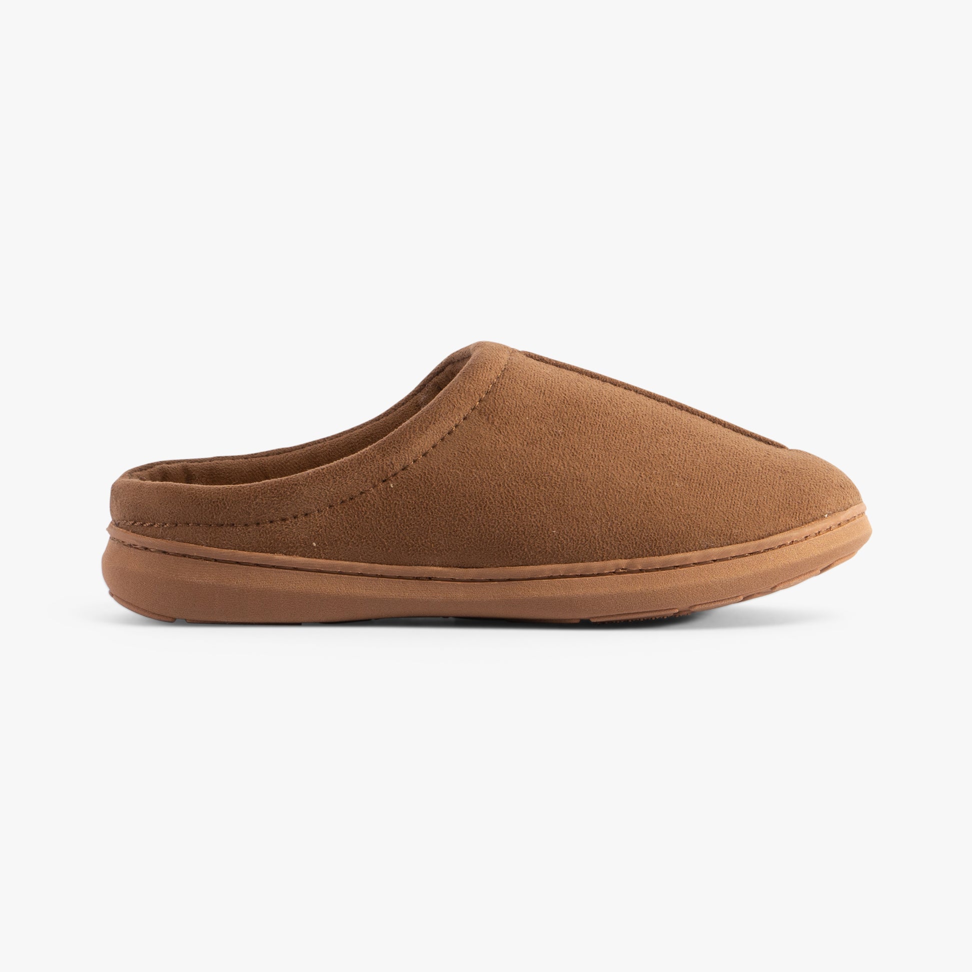 Jo & Joe OAKLEY Mens Slippers Cognac side view of cozy mules with a soft textile upper and rubber sole.