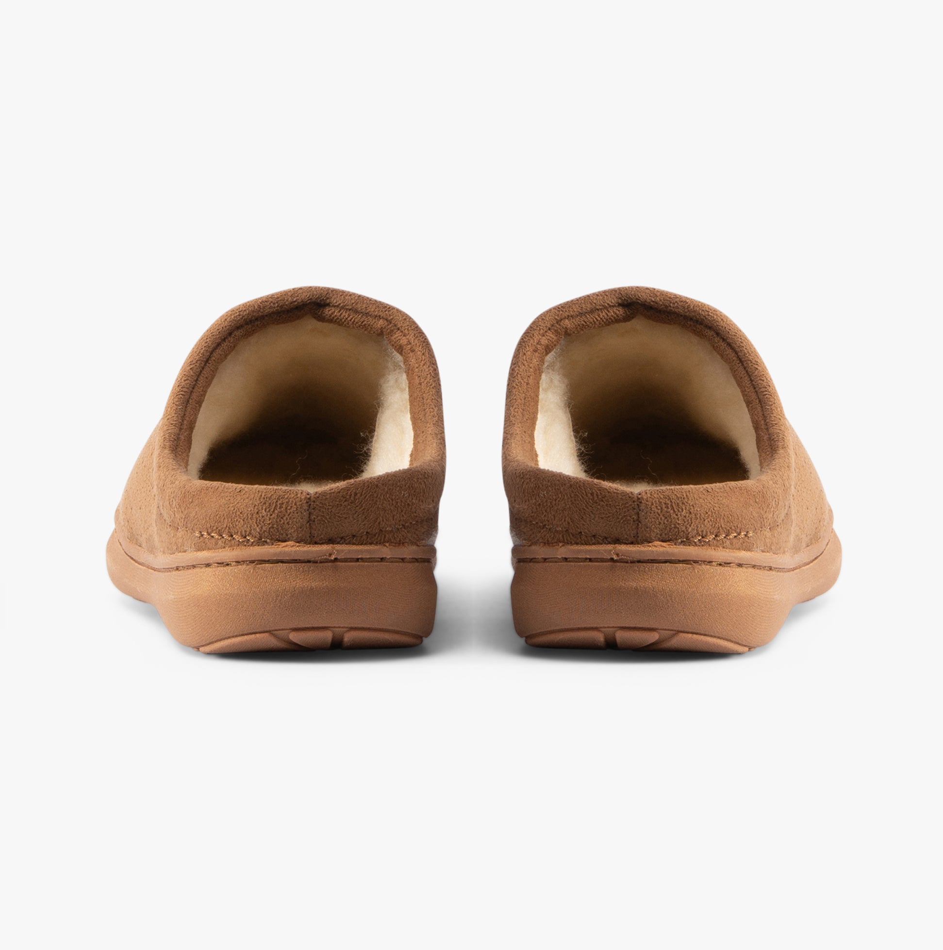 Jo & Joe OAKLEY Mens Slippers Cognac rear view showing soft faux fur lining and rubber sole.