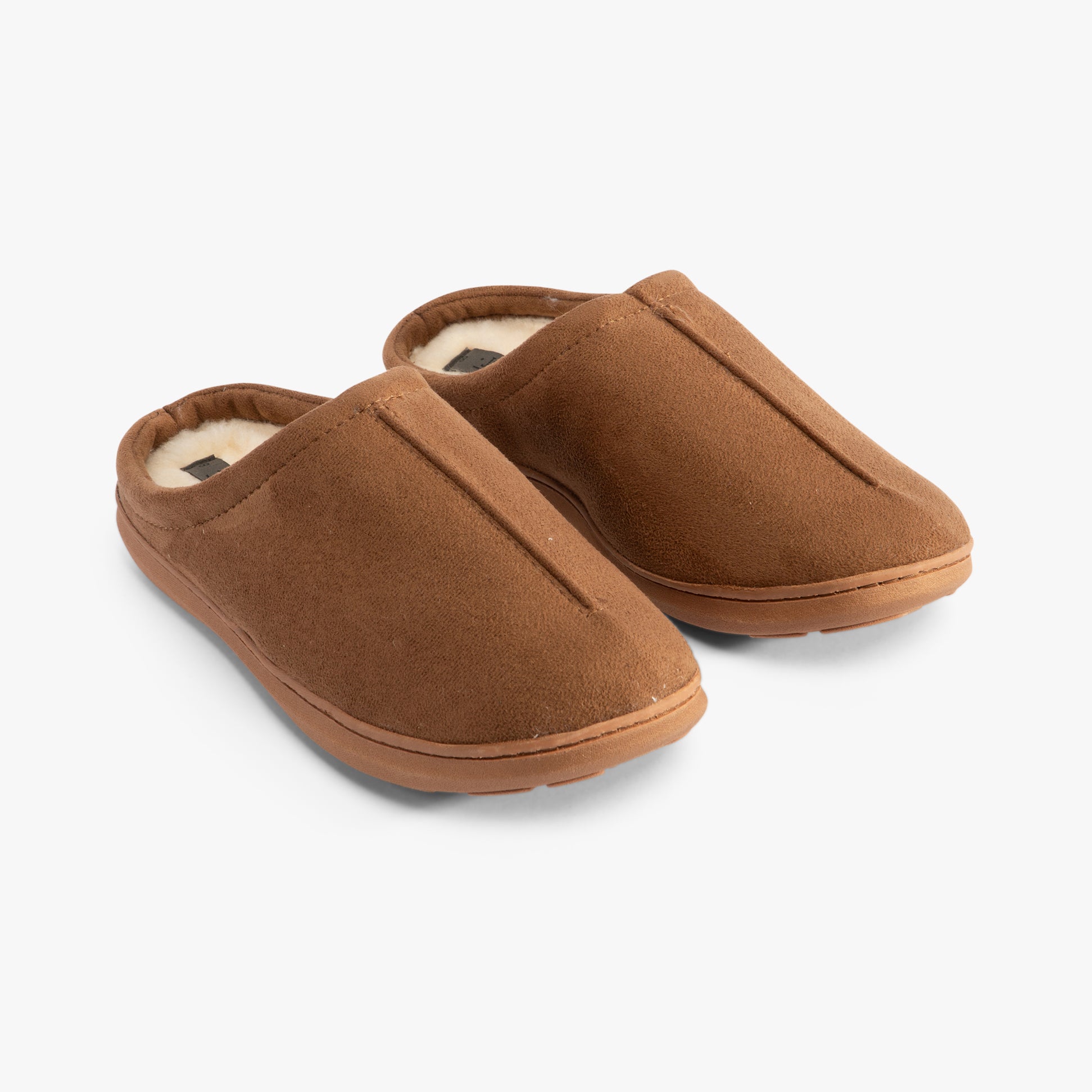 Jo & Joe OAKLEY Mens Slippers Cognac front view of cozy mules with faux fur lining and rubber sole.