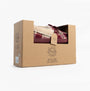 Jo & Joe PEMBROKE Womens Moccasin Slippers Cherry in gift box, side view, showing packaging details and design.