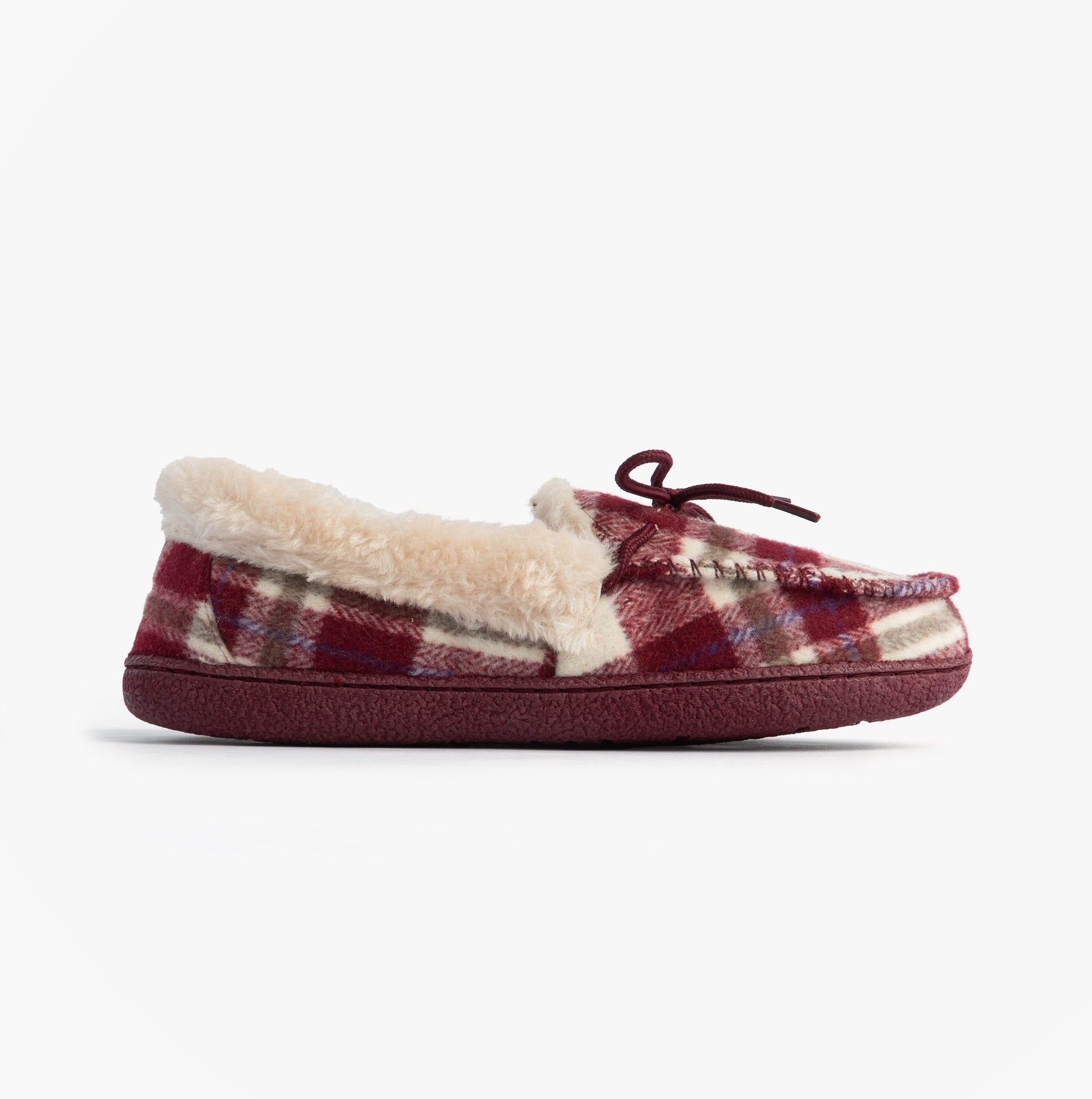 Jo & Joe PEMBROKE Womens Moccasin Slippers Cherry side view showing soft textile upper and warm lining.