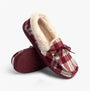 Jo & Joe PEMBROKE Womens Moccasin Slippers Cherry side view showcasing cozy plaid design and soft lining.