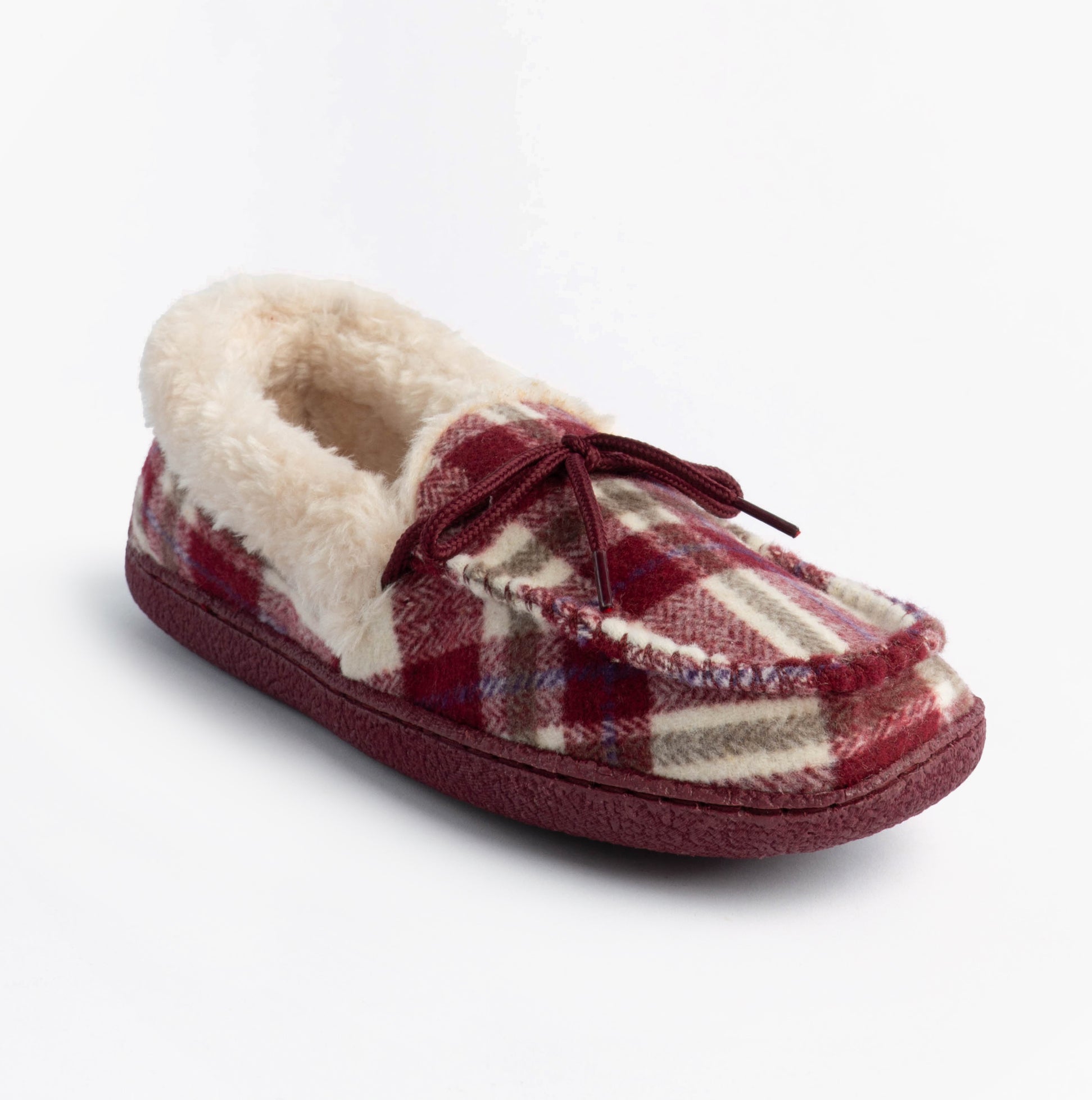 Jo & Joe PEMBROKE Womens Moccasin Slippers Cherry side view with plaid design and fluffy lining.