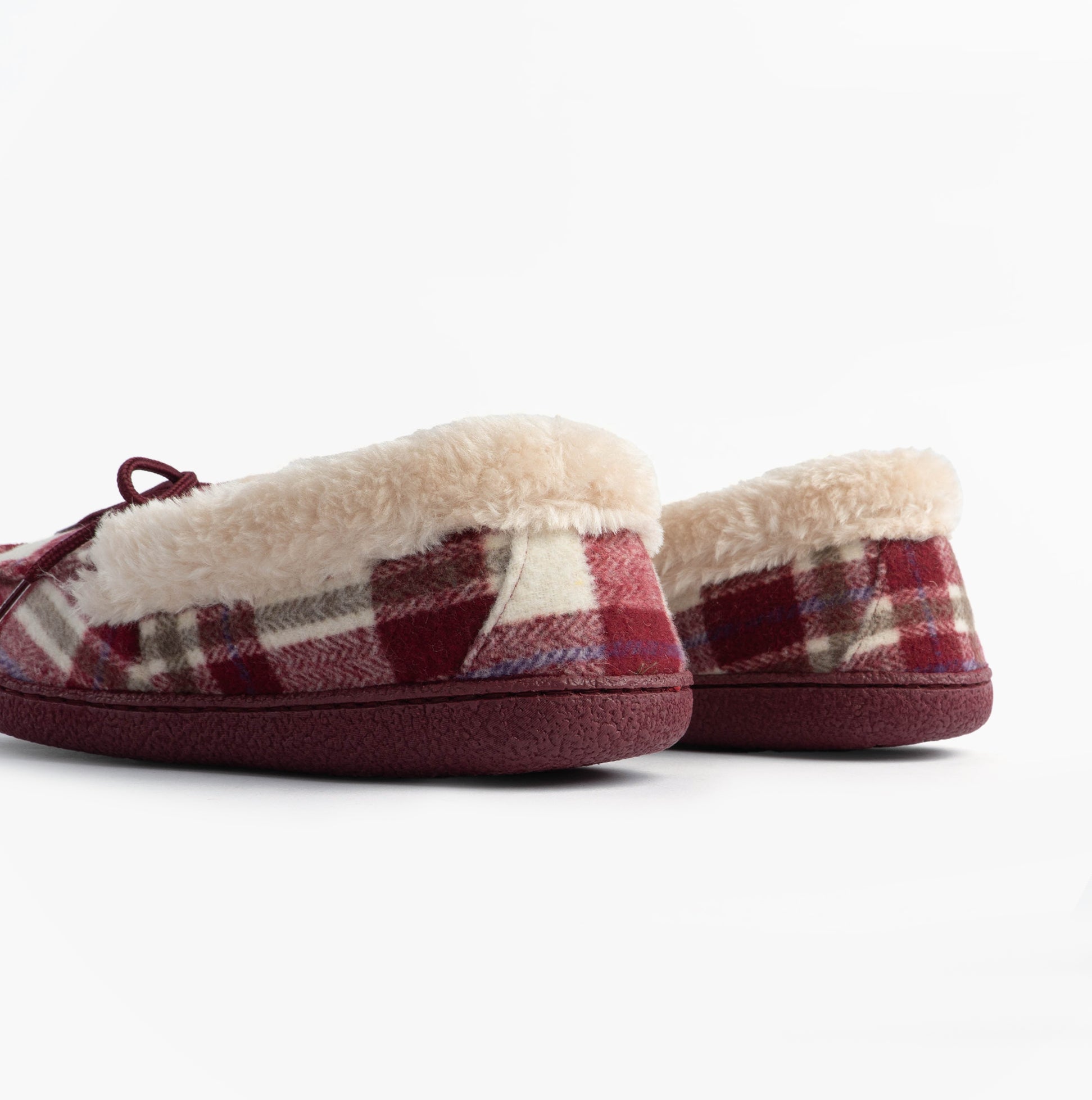 Jo & Joe PEMBROKE Womens Moccasin Slippers Cherry back view highlighting soft lining and rubber sole.