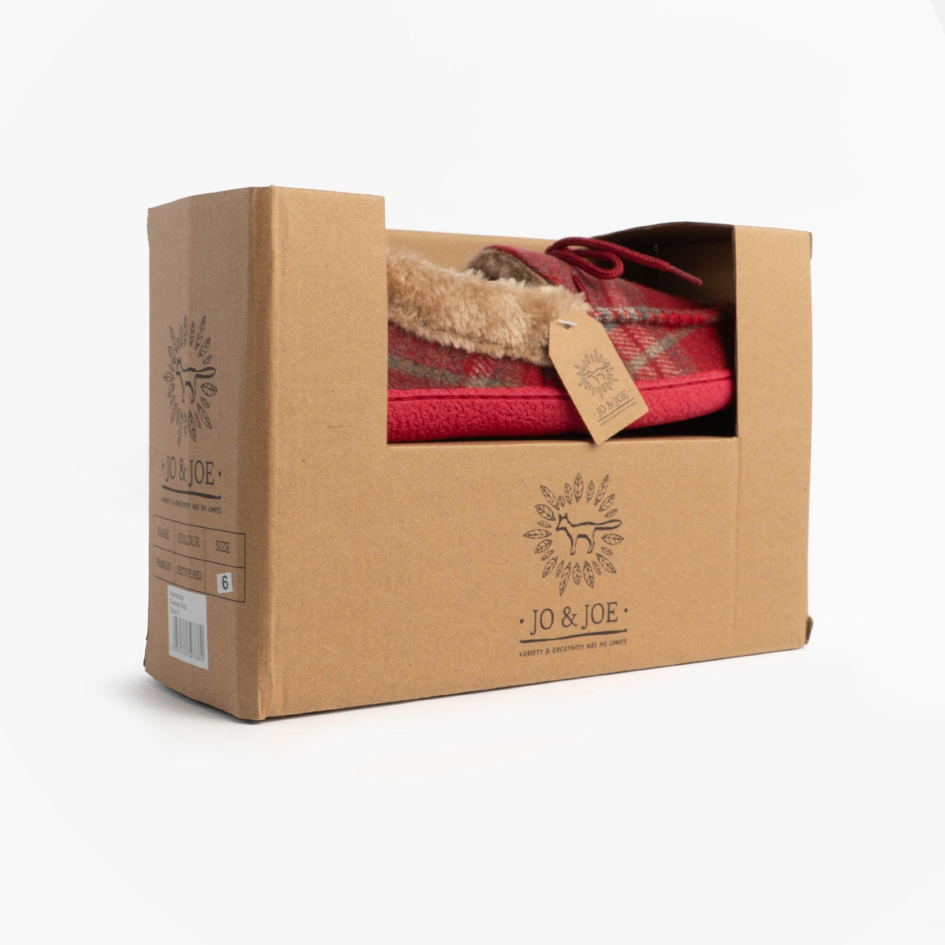 Jo & Joe PEMBROKE Womens Moccasin Slippers Festive Red in gift box, side view showcasing the packaging.