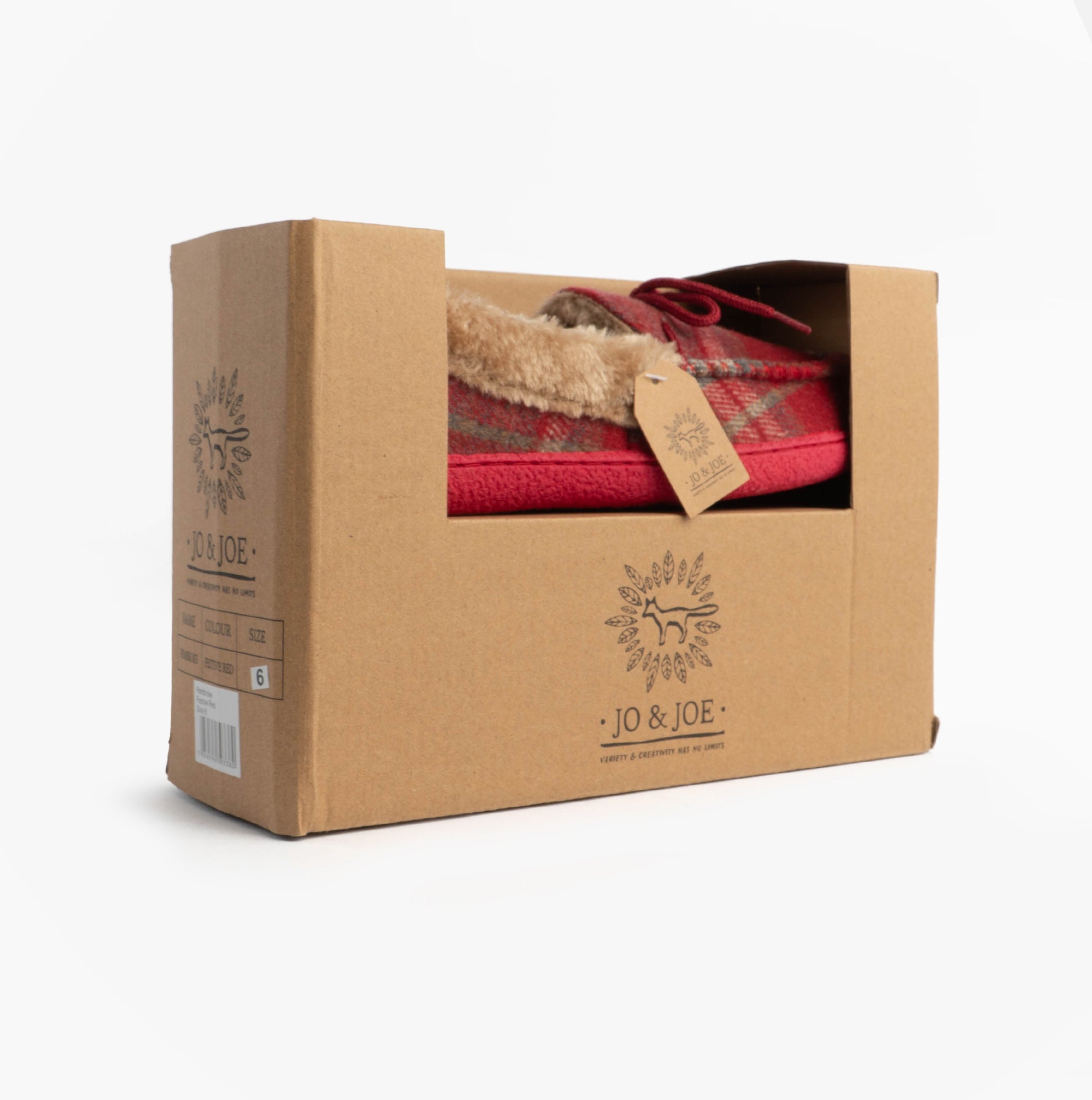 Jo & Joe PEMBROKE Womens Moccasin Slippers Festive Red in gift box, side view showcasing the packaging.