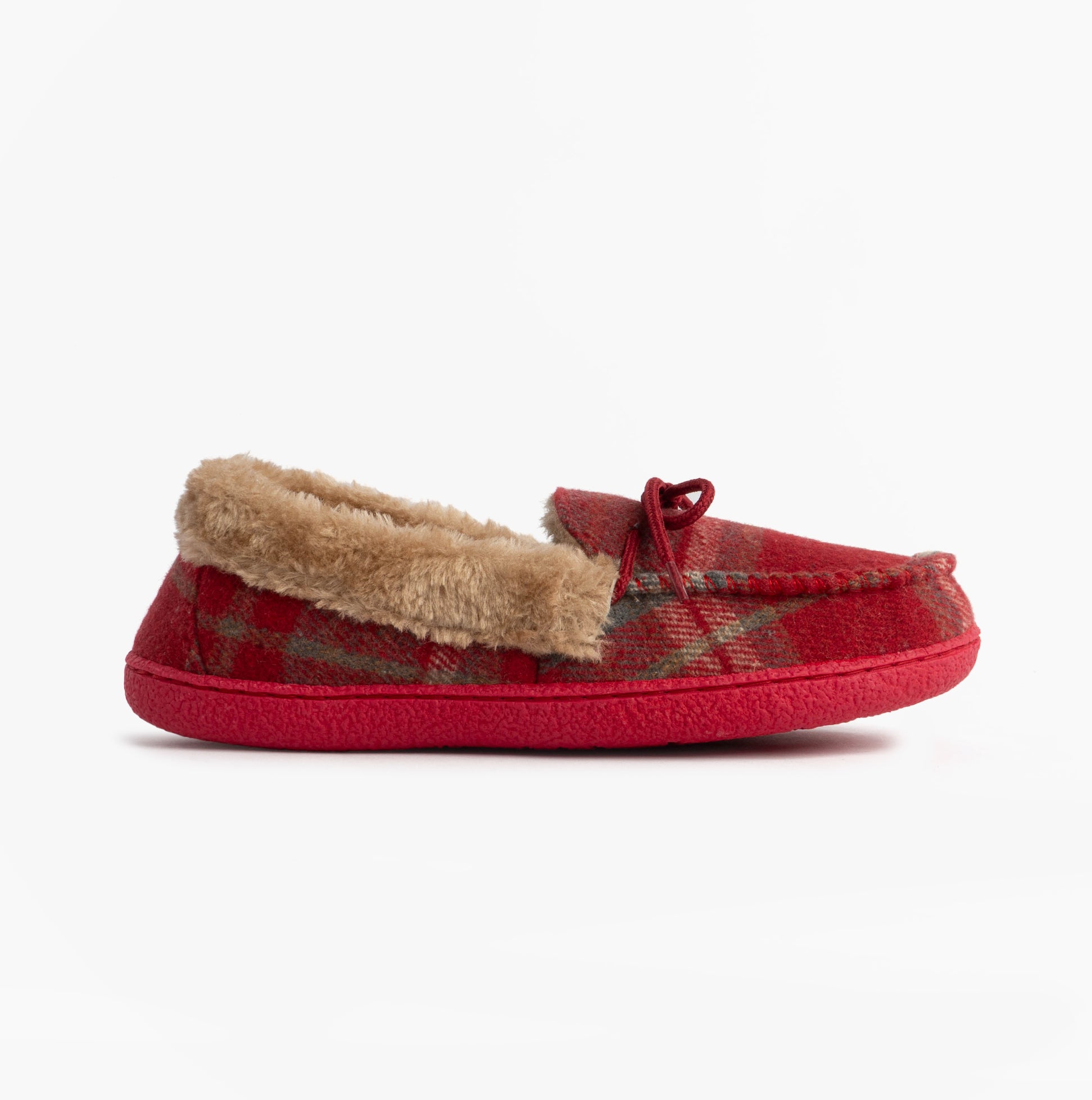 Jo & Joe PEMBROKE Womens Moccasin Slippers Festive Red side view with plush lining and bow detail.
