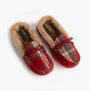 Jo & Joe PEMBROKE Womens Moccasin Slippers Festive Red top view with plaid design and fur lining.