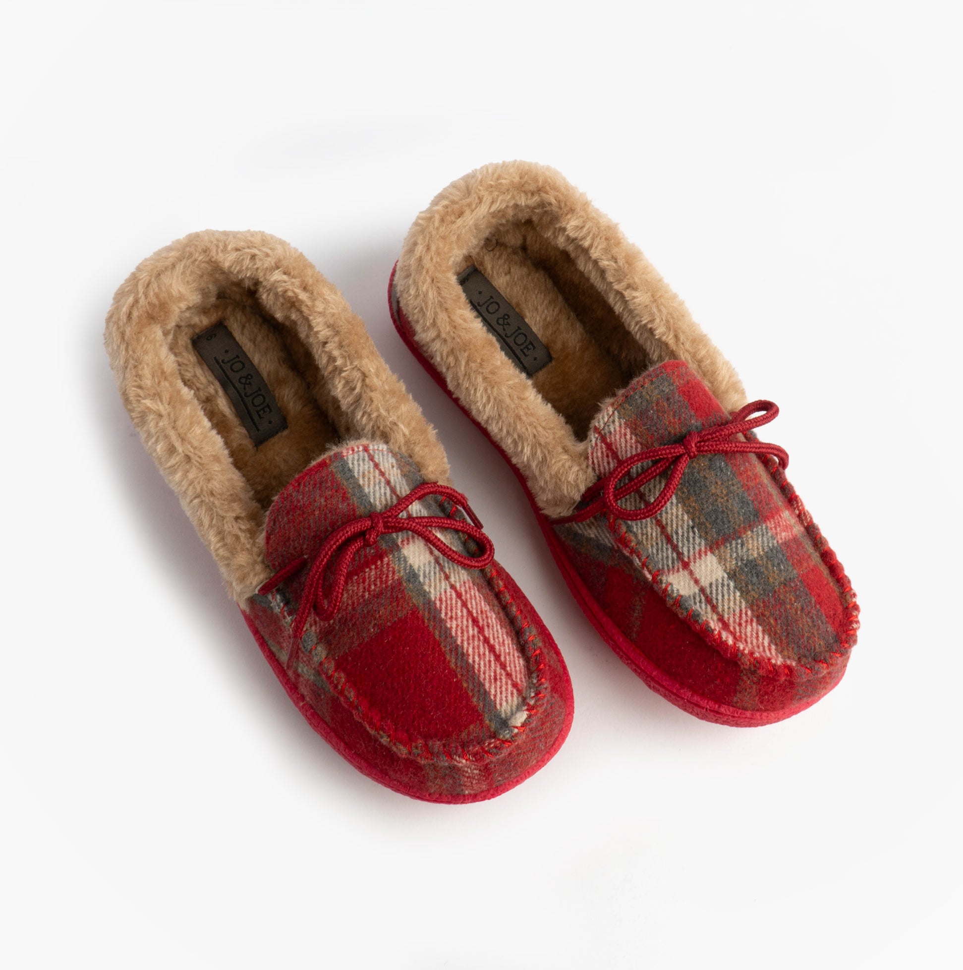 Jo & Joe PEMBROKE Womens Moccasin Slippers Festive Red top view with plaid design and fur lining.