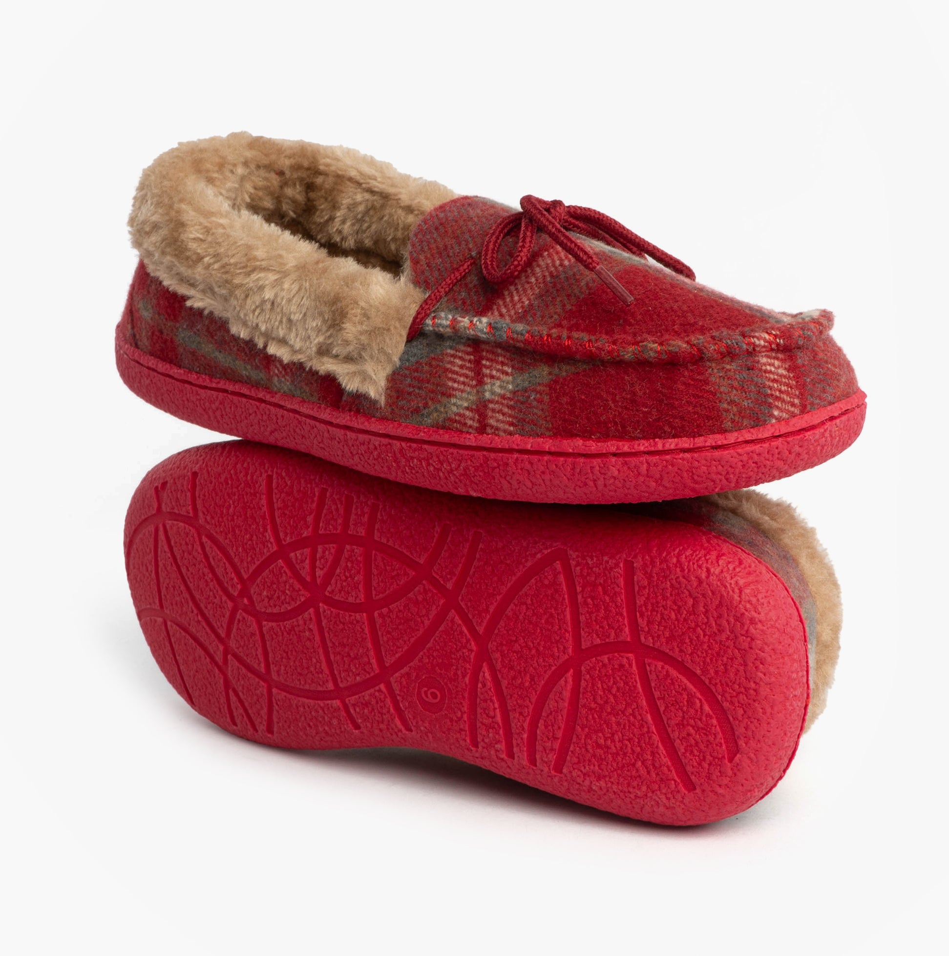 Jo & Joe PEMBROKE Womens Moccasin Slippers Festive Red side view with soft lining and rubber sole