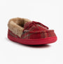 Jo & Joe PEMBROKE Womens Moccasin Slippers Festive Red side view, showing textile upper and warm lining.