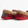 Jo & Joe PEMBROKE Womens Moccasin Slippers Festive Red rear view with fur lining and plaid design.