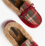 Jo & Joe PEMBROKE Womens Moccasin Slippers Festive Red top view showing plaid pattern and cozy lining.