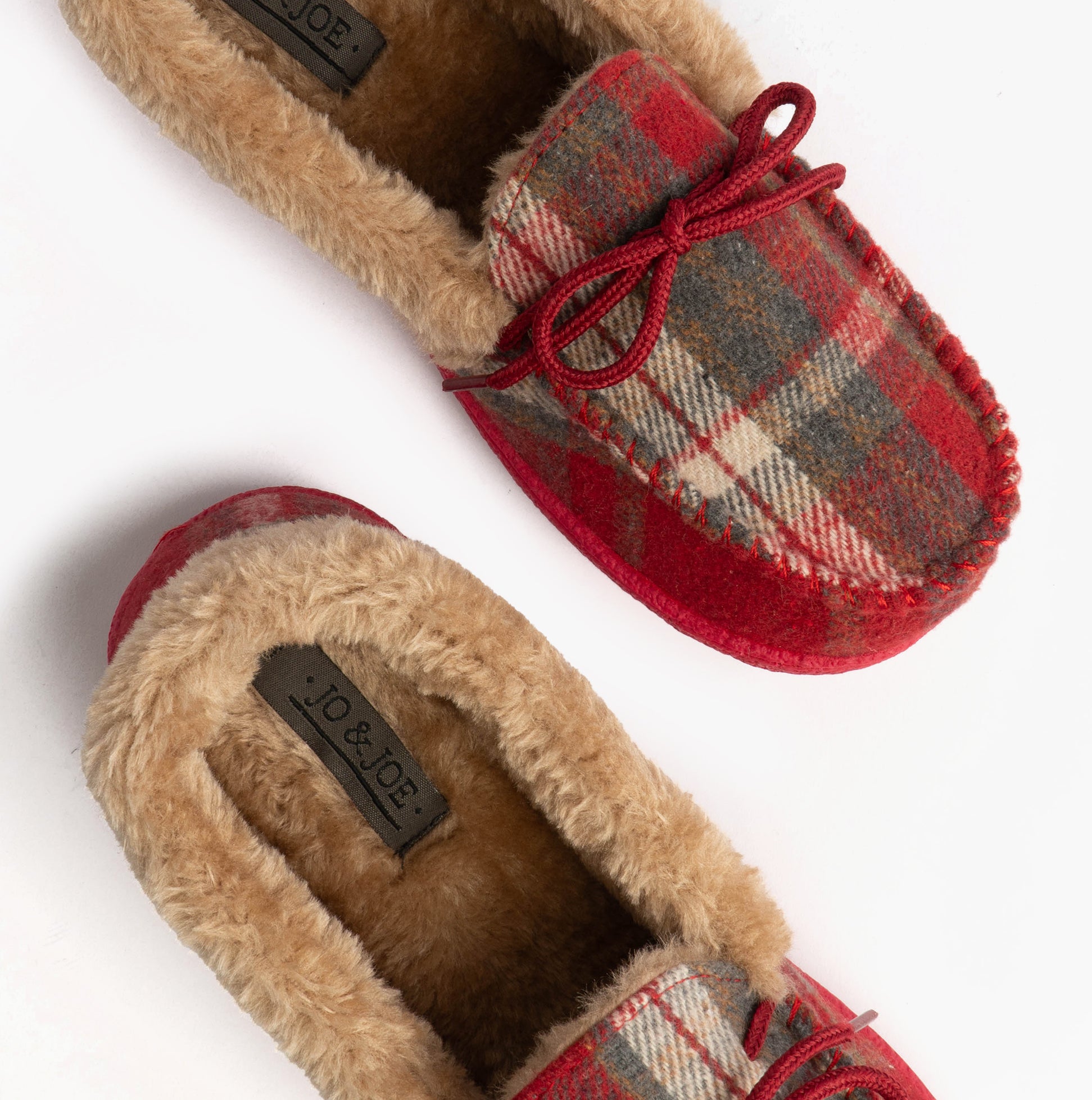Jo & Joe PEMBROKE Womens Moccasin Slippers Festive Red top view showing plaid pattern and cozy lining.