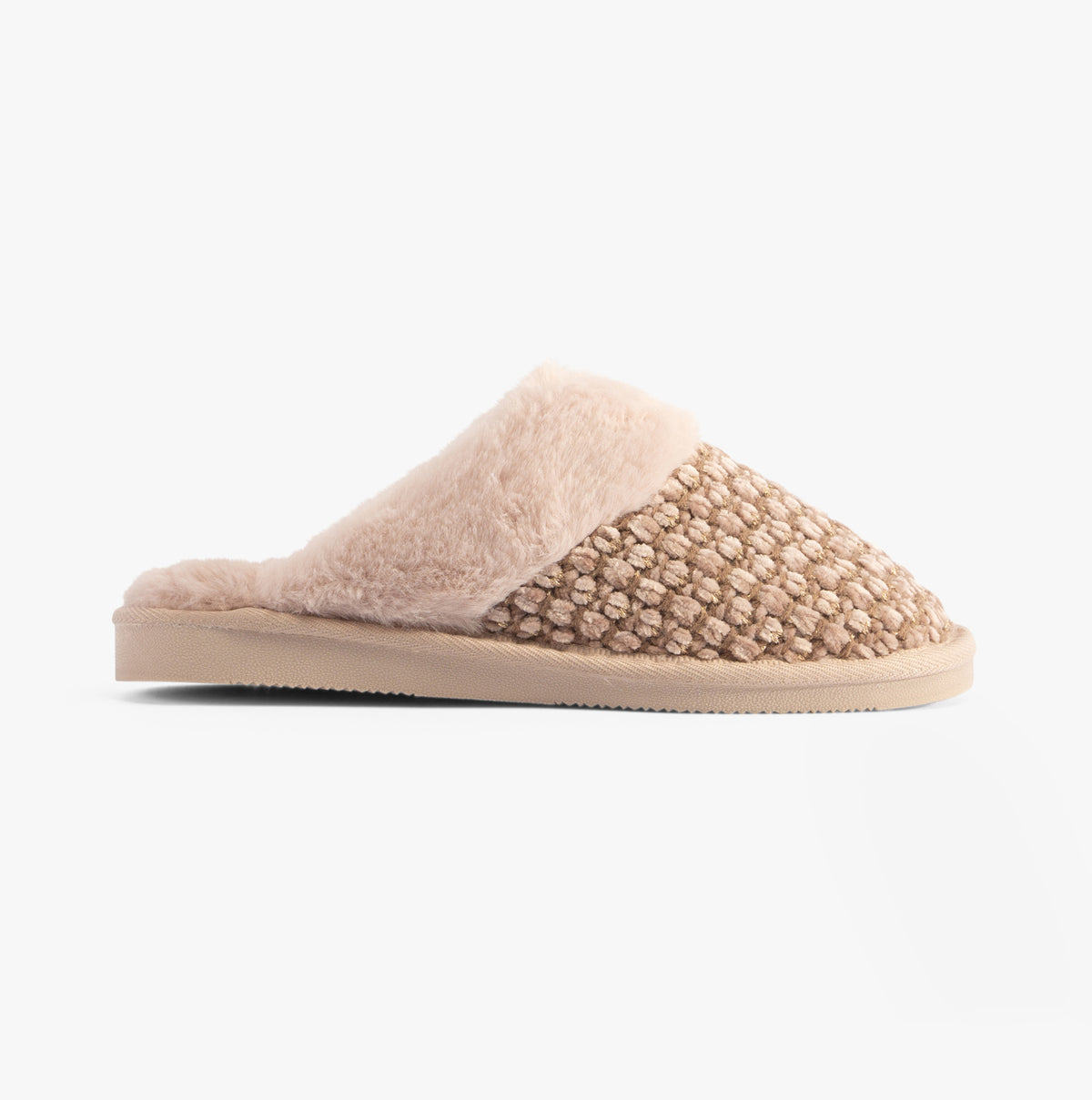 Jo & Joe PERSIAN Womens Slippers Beige side view with faux fur lining and woven textile upper.