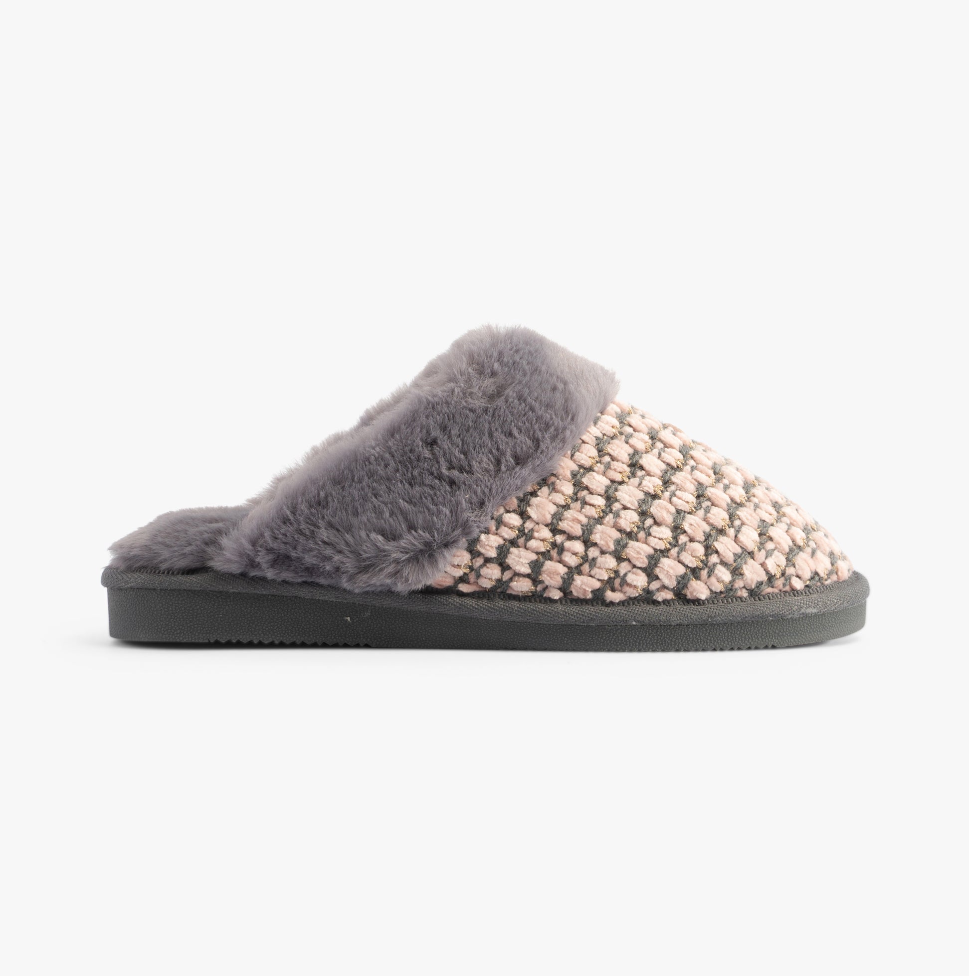 Jo & Joe PERSIAN Womens Slippers Pink/Grey side view showcasing faux fur lining and round toe design.
