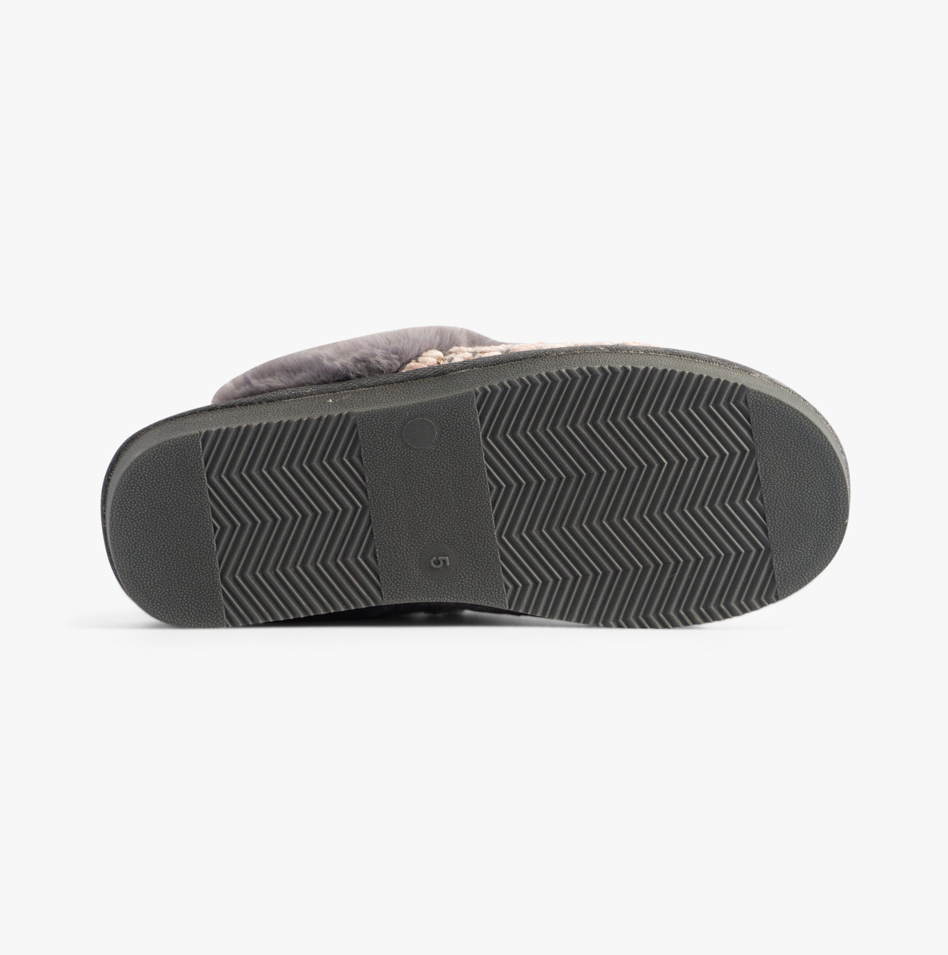 Jo & Joe PERSIAN Womens Slippers Pink/Grey bottom view showing rubber sole and textured pattern for grip.
