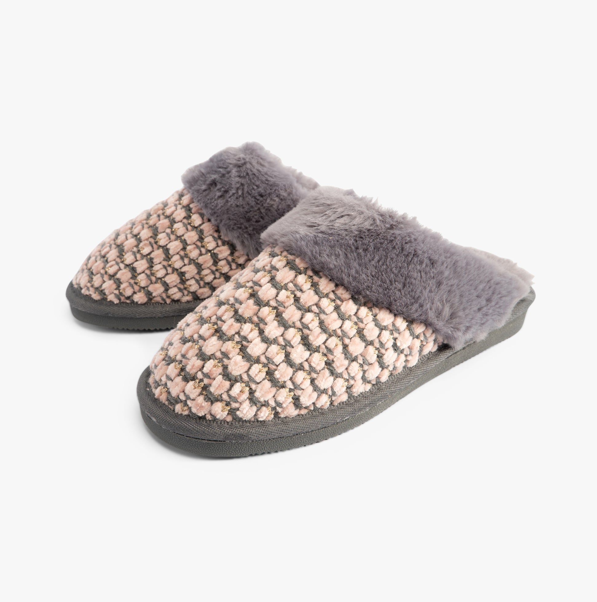 Jo & Joe PERSIAN Womens Slippers Pink/Grey side view showing textile upper and faux fur lining.