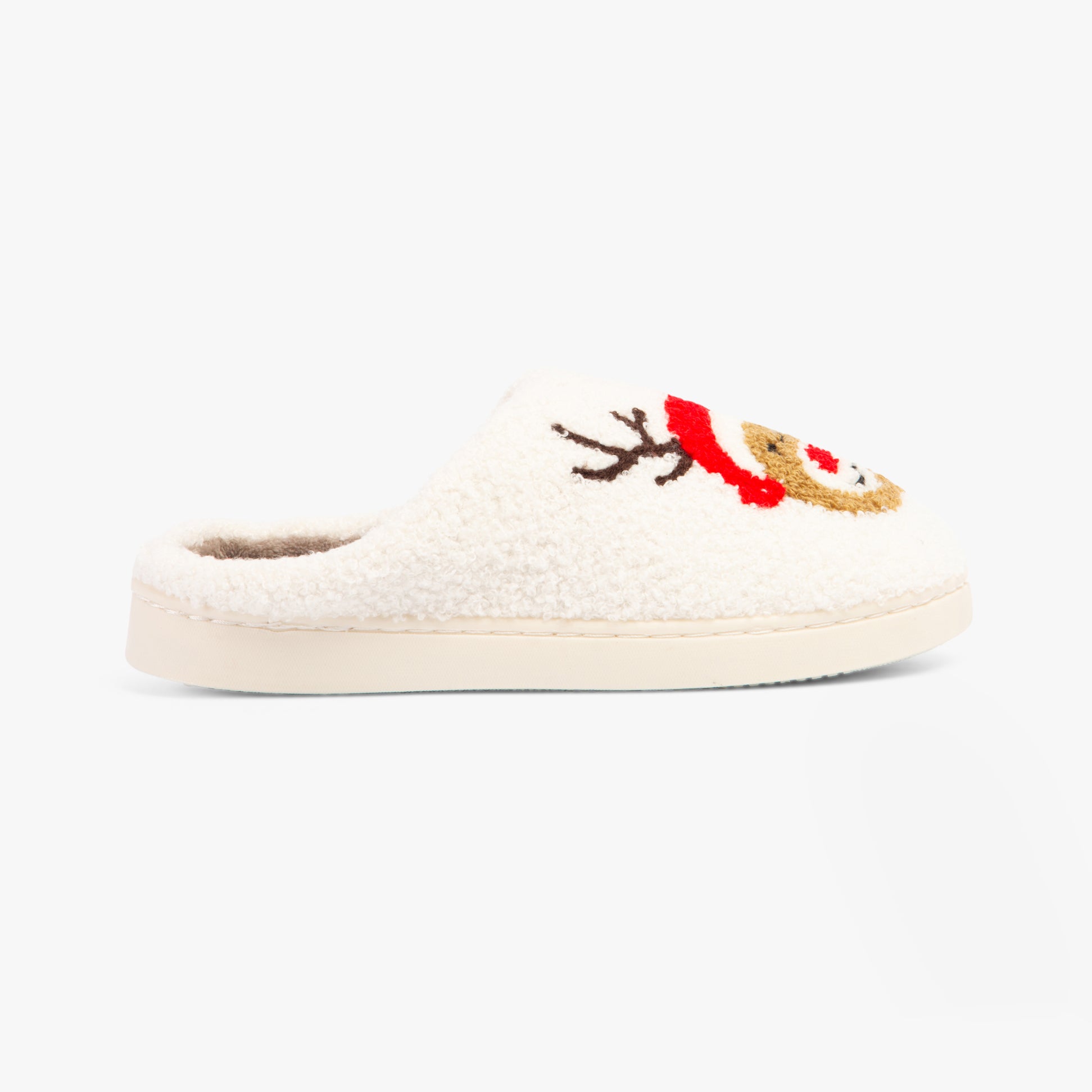 Jo & Joe PRANCER Womens Slippers Cream side view of cozy slip-on mules with festive reindeer design.