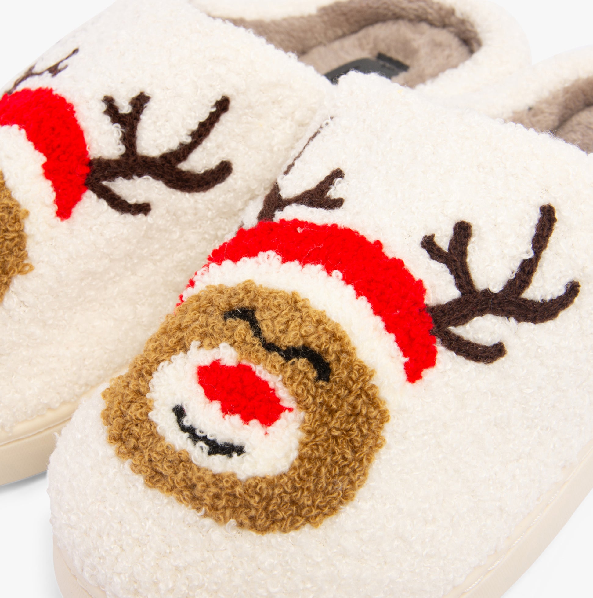 Jo & Joe PRANCER Womens Slippers Cream top detail view showing reindeer design, soft textile upper and round toe.
